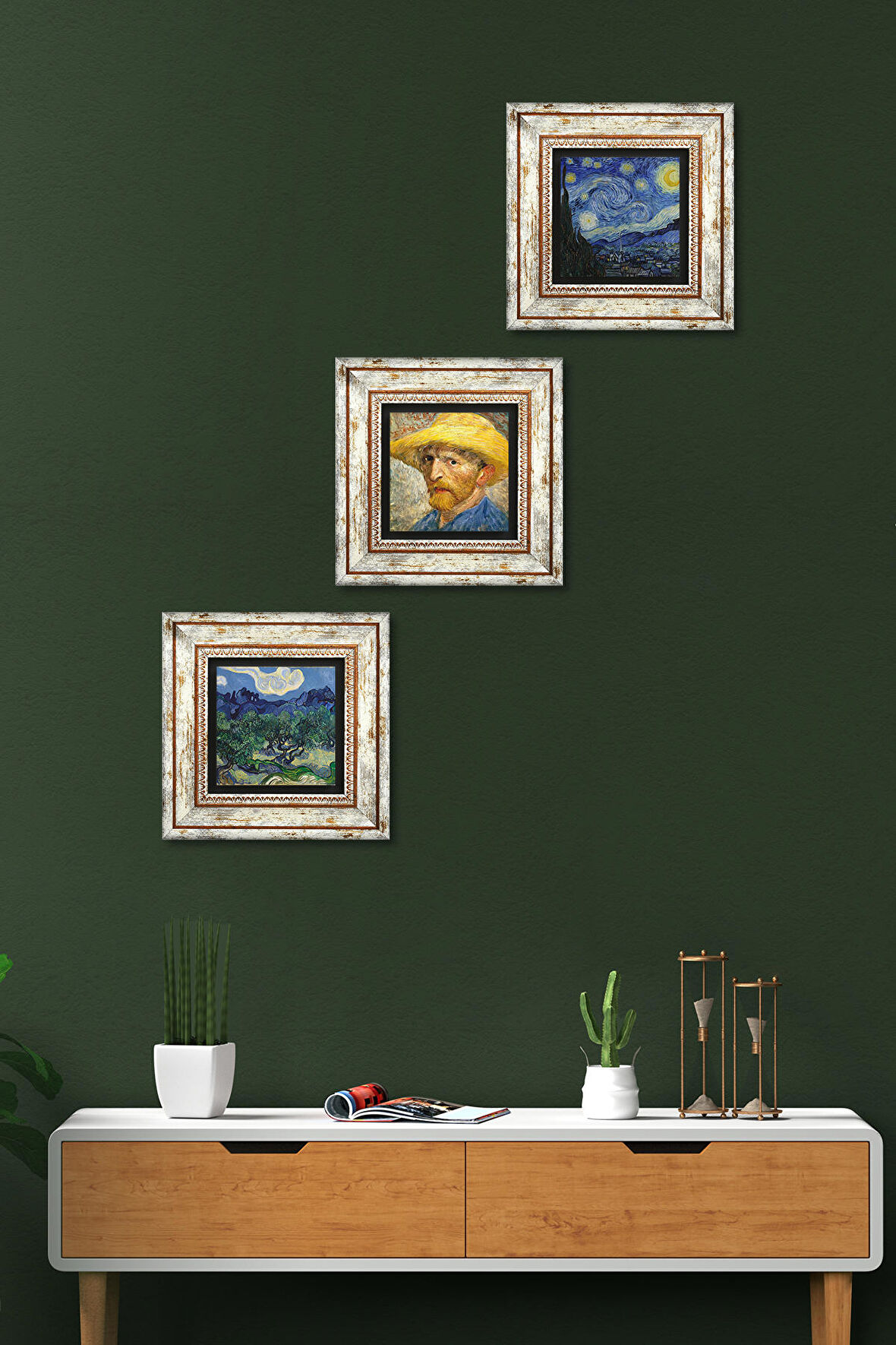 Van Gogh Zeytin Ağaçları, Otoportre, Yıldızlı Gece Taş Duvar Tablosu Çerçeveli Duvar Dekoru 3 Parça Tablo Seti Wall Art