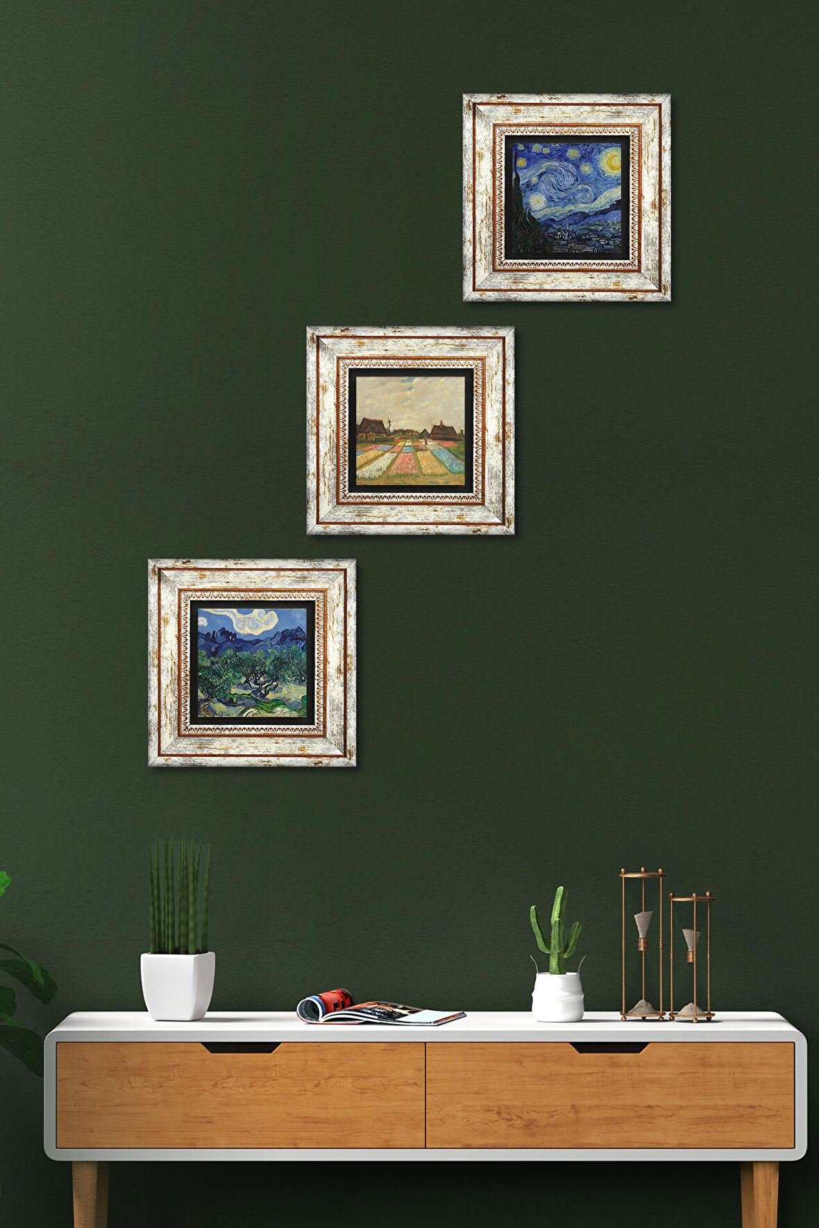 Van Gogh Zeytin Ağaçları, Lale Tarlaları, Yıldızlı Gece Taş Duvar Tablosu Çerçeveli Duvar Dekoru 3 Parça Tablo Seti Wall Art