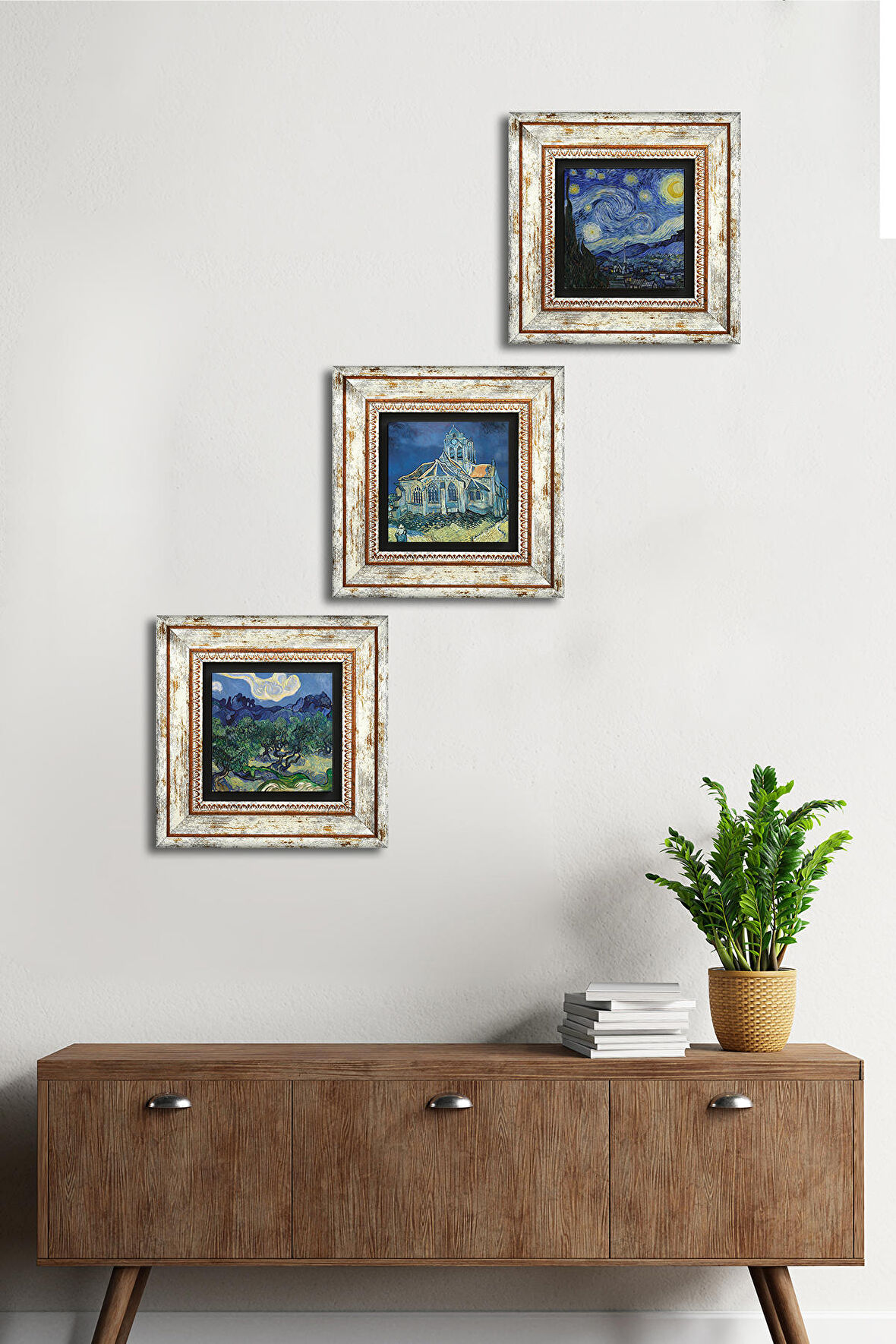 Van Gogh Zeytin Ağaçları, Kilise, Yıldızlı Gece Taş Duvar Tablosu Çerçeveli Duvar Dekoru 3 Parça Tablo Seti Wall Art