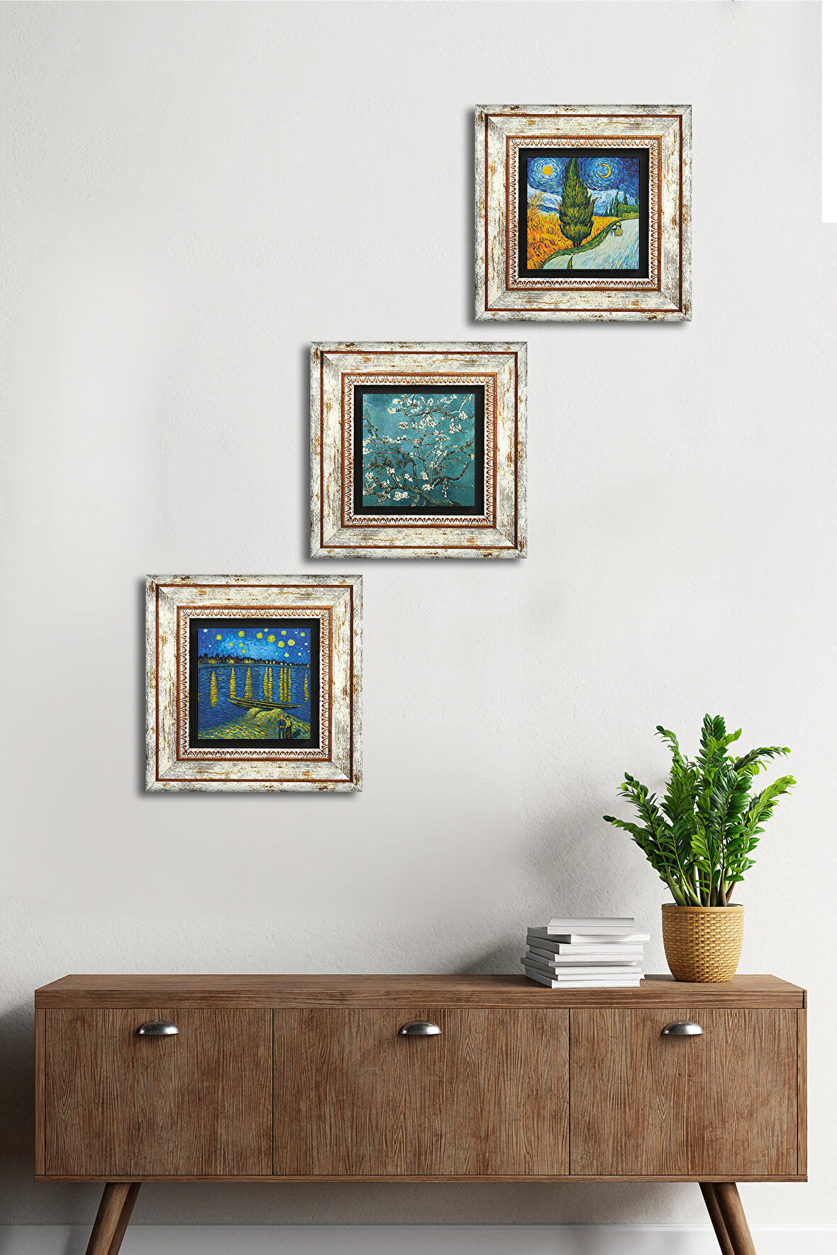 Van Gogh Taş Duvar Tablosu Çerçeveli Duvar Dekoru 3 Parça Tablo Seti Wall Art