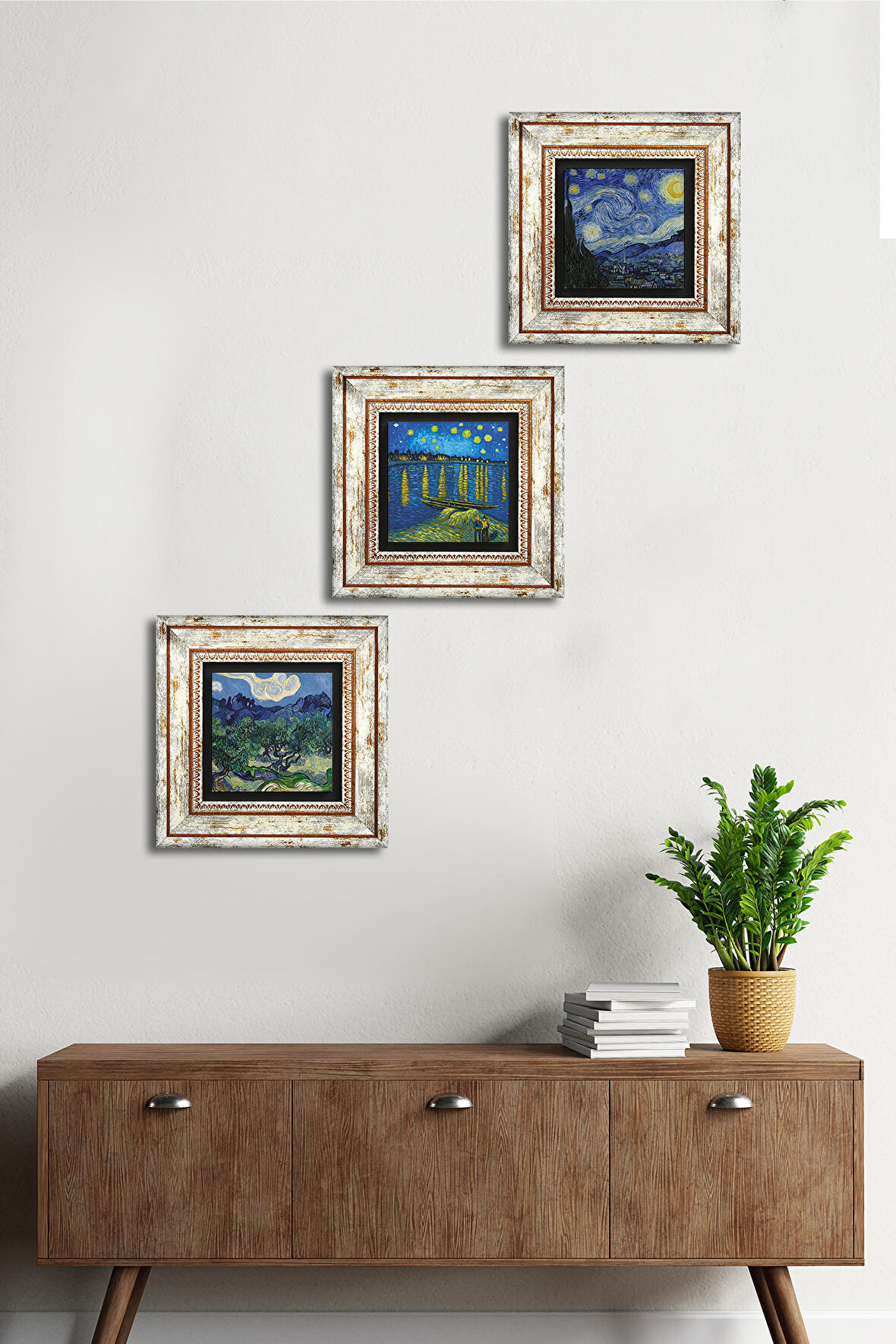 Van Gogh Taş Duvar Tablosu Çerçeveli Duvar Dekoru 3 Parça Tablo Seti Wall Art
