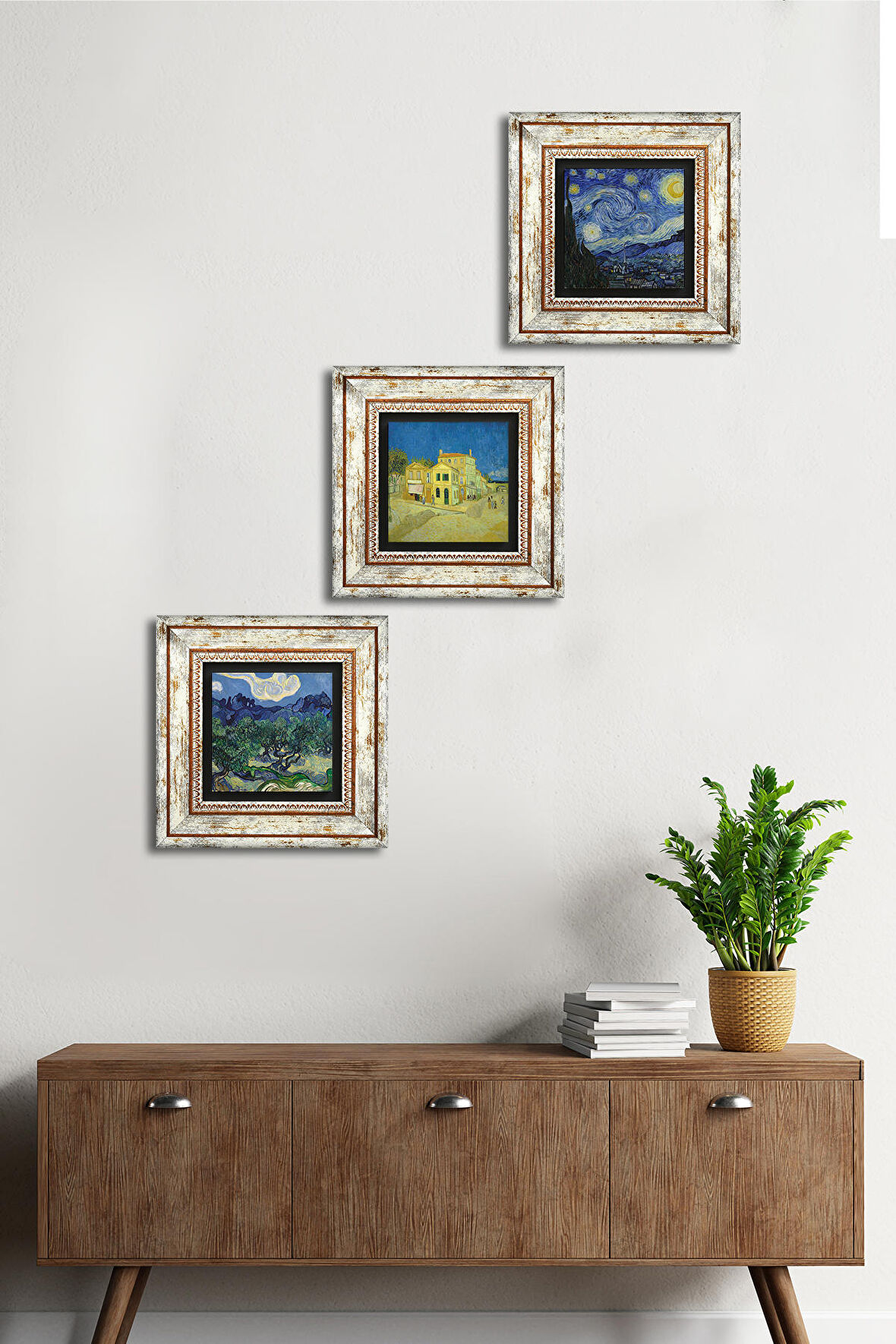 Van Gogh Zeytin Ağaçları, Sarı Ev, Yıldızlı Gece Taş Duvar Tablosu Çerçeveli Duvar Dekoru 3 Parça Tablo Seti Wall Art