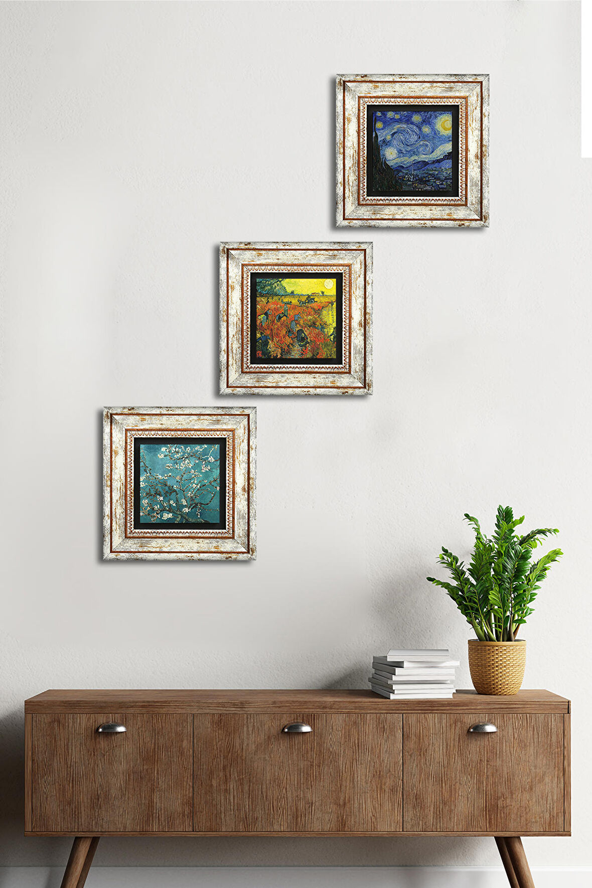 Van Gogh Arles'te Kırmızı Bağ, Yıldızlı Gece, Badem Ağacı Taş Duvar Tablosu Çerçeveli Duvar Dekoru 3 Parça Tablo Seti Wall Art