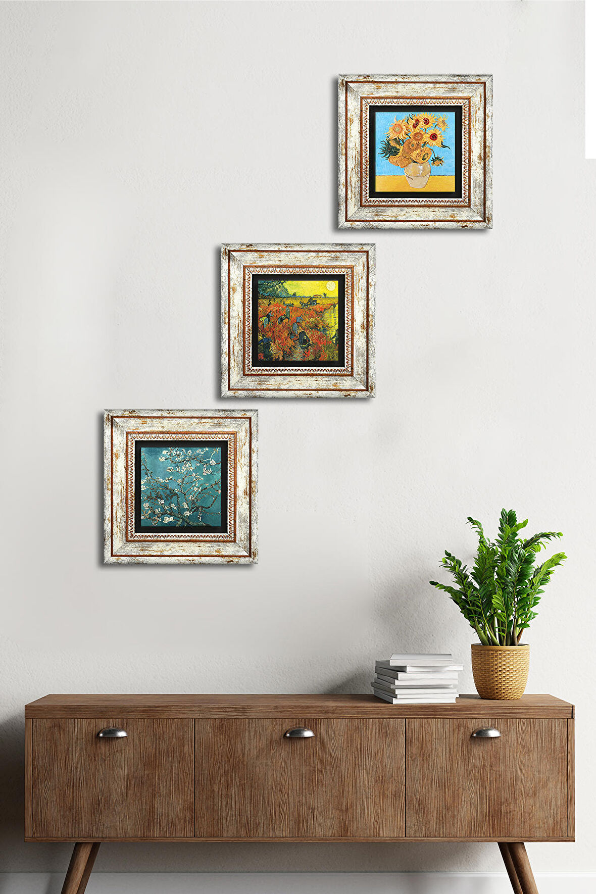 Van Gogh Kırmızı Bağ, On İki Ayçiçekli Vazo, Badem Ağacı Taş Duvar Tablosu Çerçeveli Duvar Dekoru 3 Parça Tablo Seti Wall Art