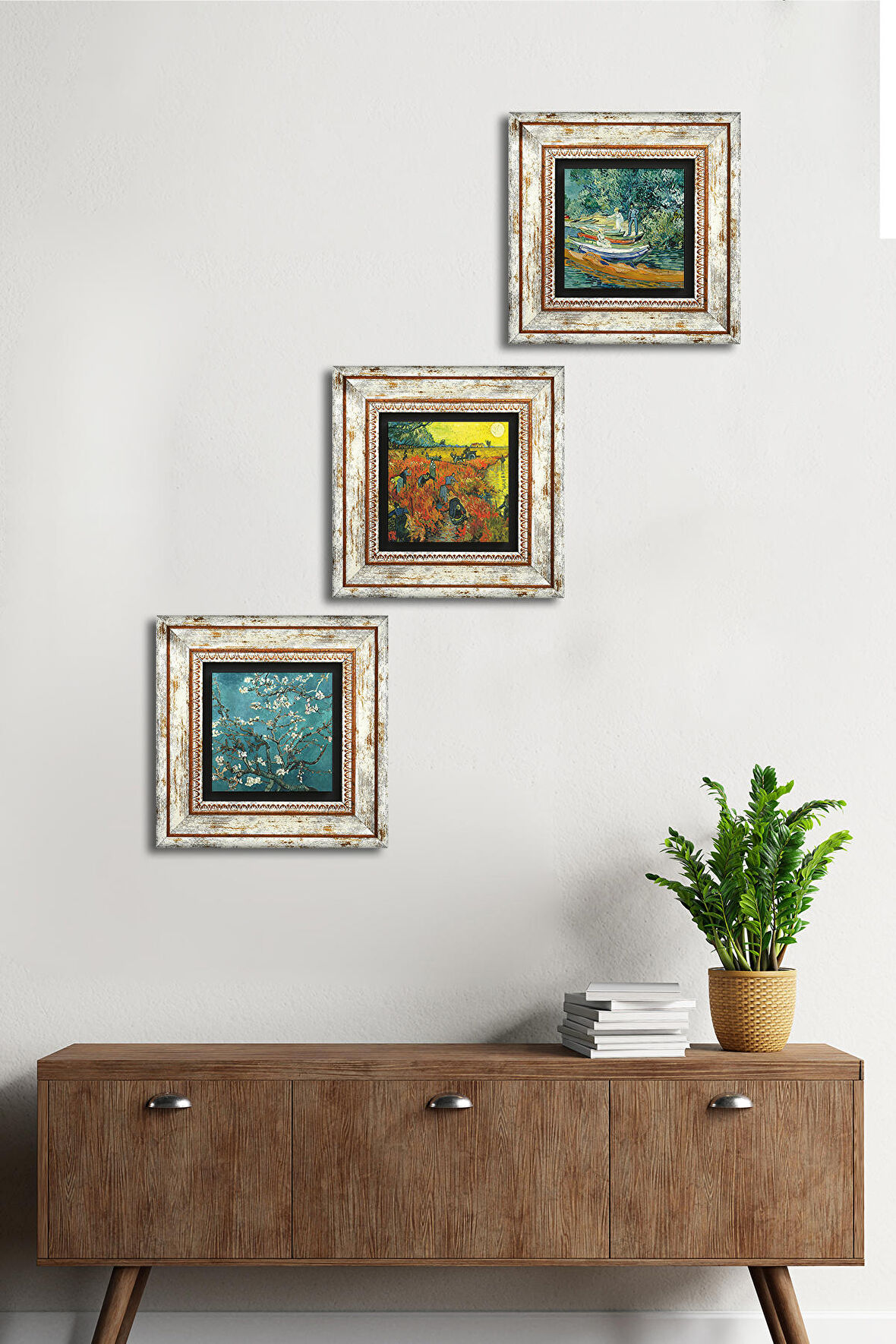 Van Gogh Kırmızı Bağ, Oise Bankası, Badem Ağacı Taş Duvar Tablosu Çerçeveli Duvar Dekoru 3 Parça Tablo Seti Wall Art