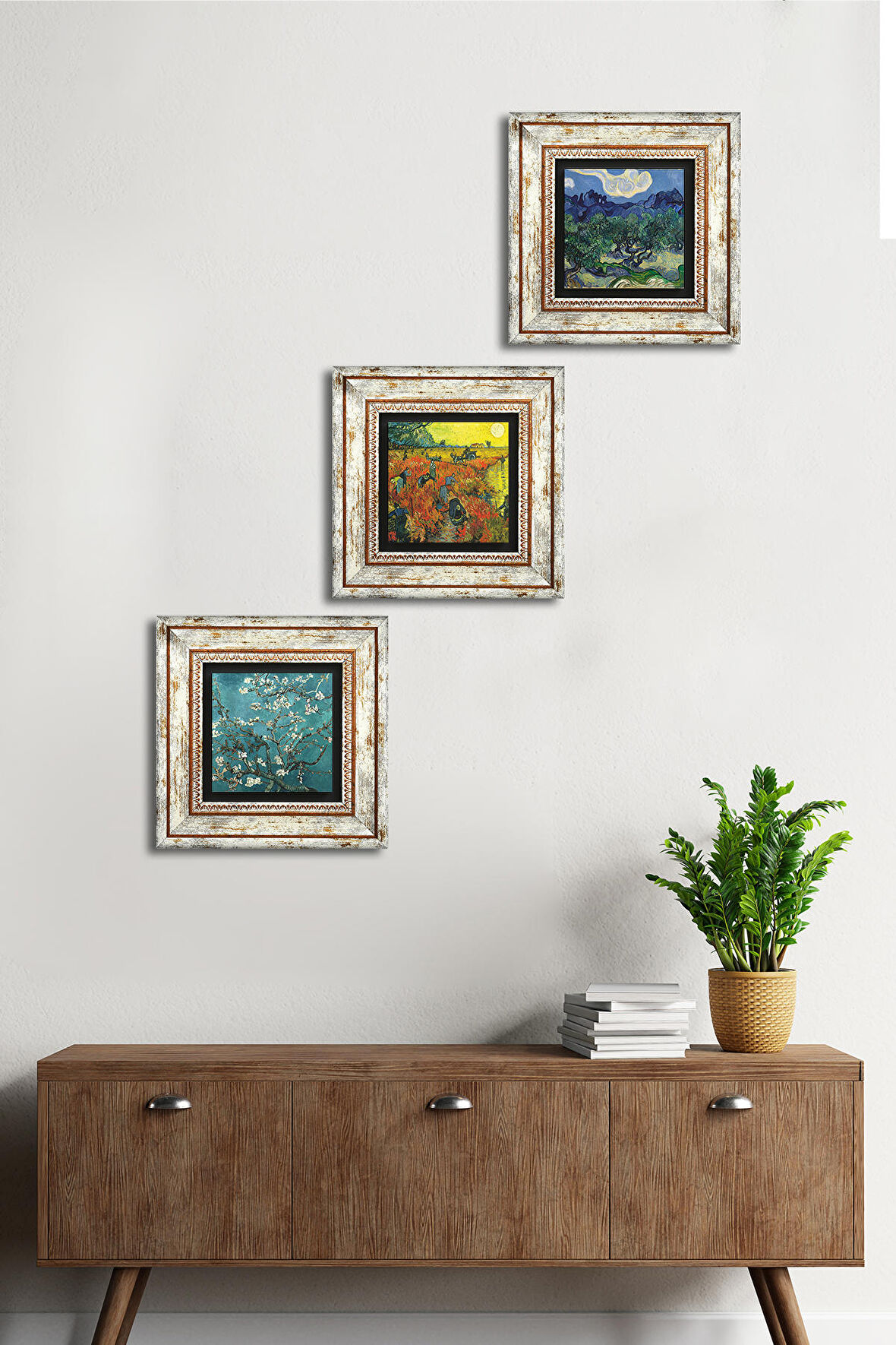 Van Gogh Zeytin Ağaçları, Kırmızı Bağ, Badem Ağacı Taş Duvar Tablosu Çerçeveli Duvar Dekoru 3 Parça Tablo Seti Wall Art