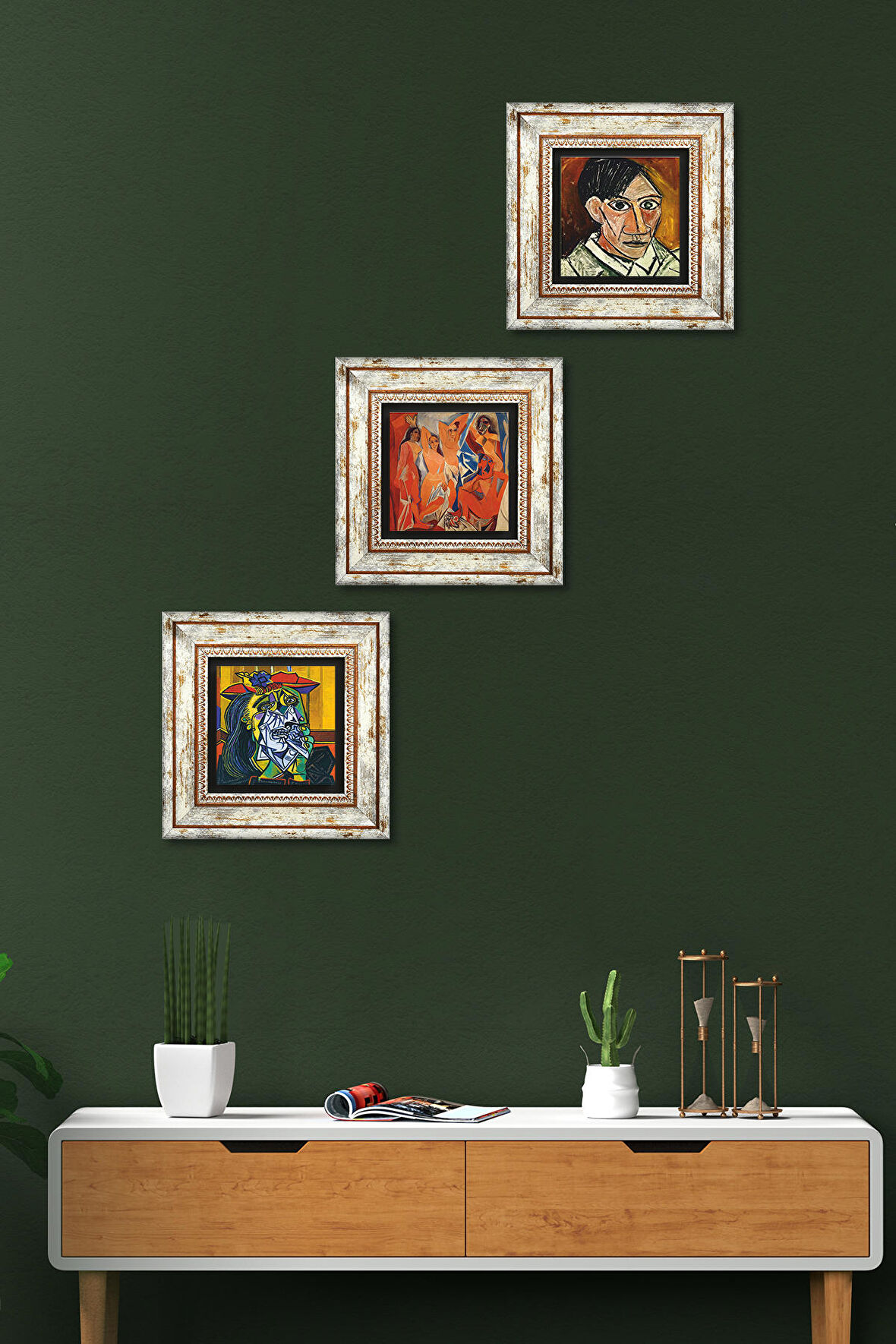 Picasso Ağlayan Kadın, Avignonlu Kızlar, Otoportre Taş Duvar Tablosu Çerçeveli Duvar Dekoru 3 Parça Tablo Seti Wall Art