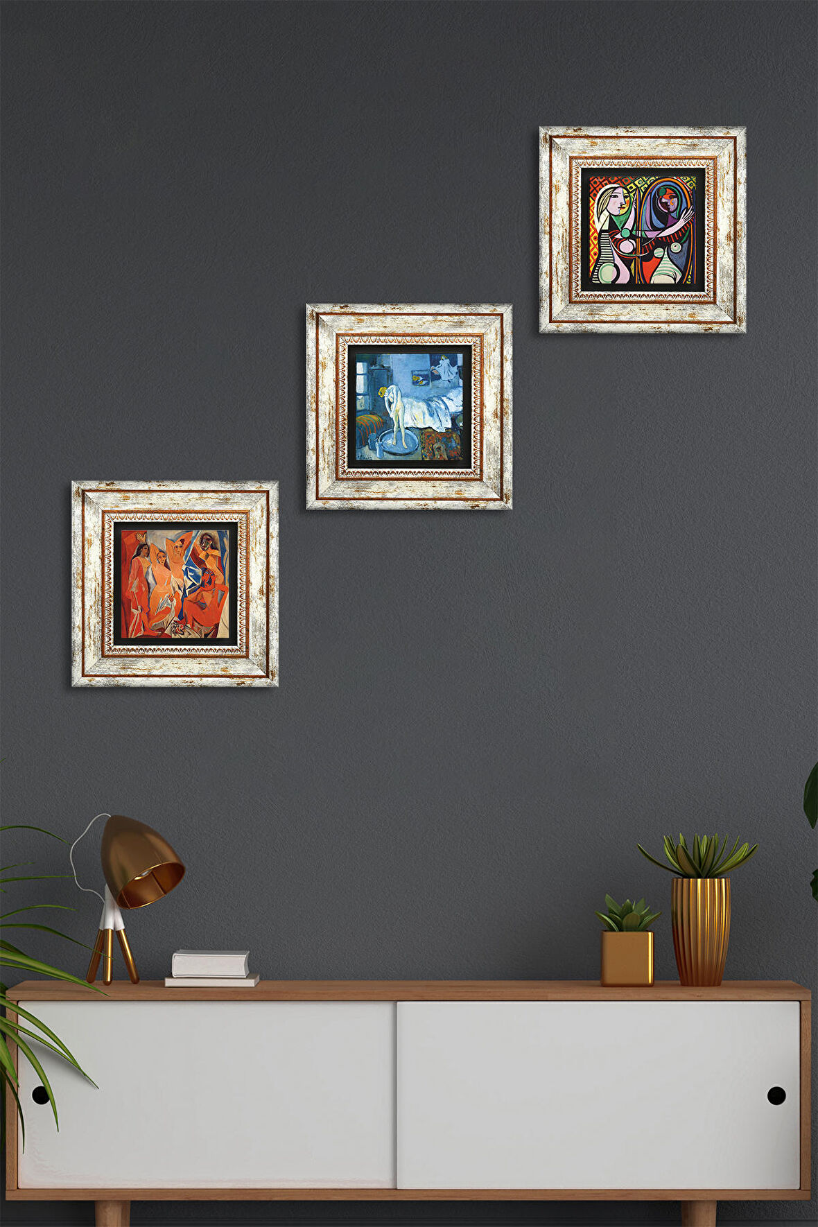 Picasso Avignonlu Kızlar, Ayna Karşısındaki Kız, Mavi Oda Taş Duvar Tablosu Çerçeveli Duvar Dekoru 3 Parça Tablo Seti Wall Art