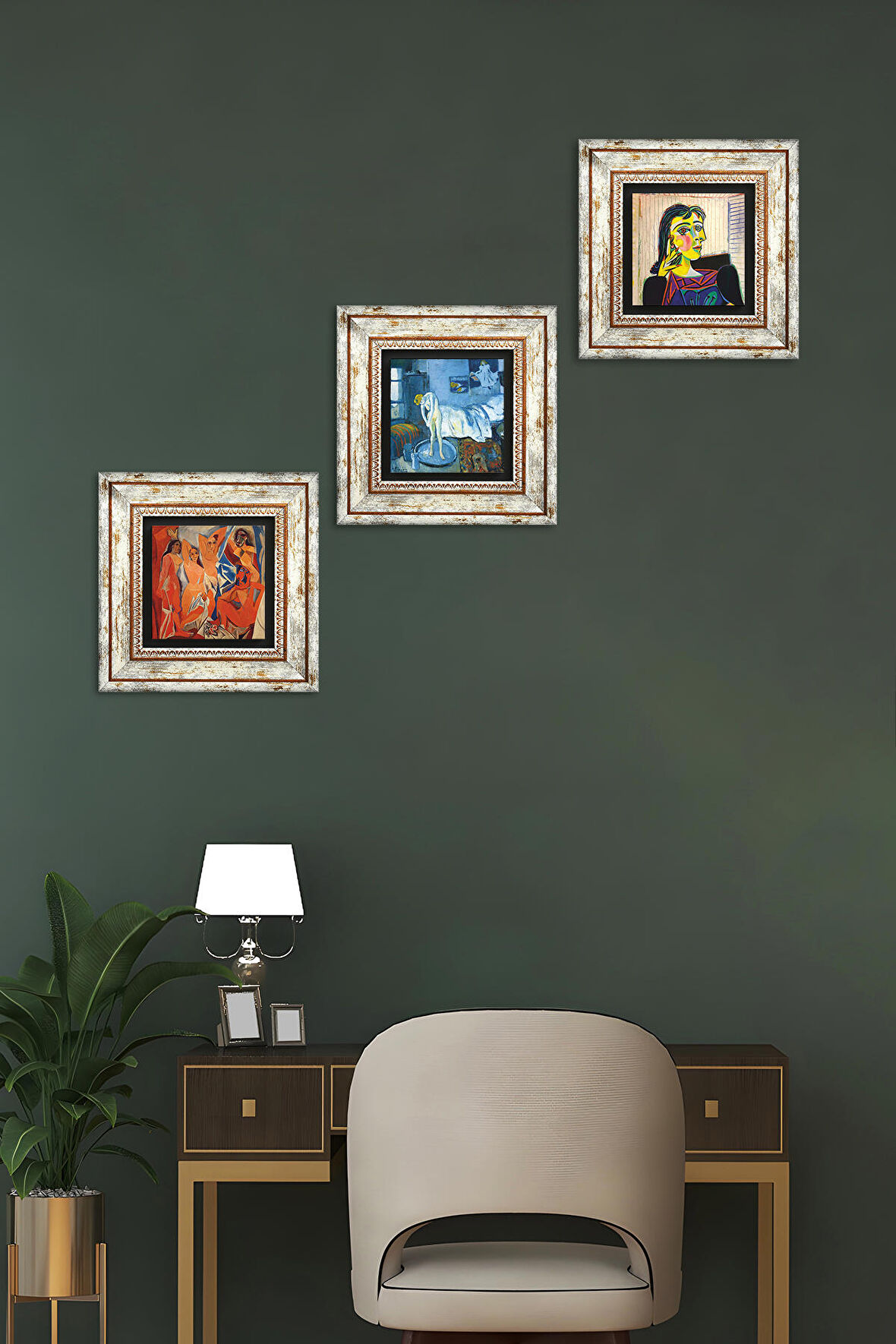 Picasso Dora Maar’ın Portresi, Avignonlu Kızlar, Mavi Oda Taş Duvar Tablosu Çerçeveli Duvar Dekoru 3 Parça Tablo Seti Wall Art