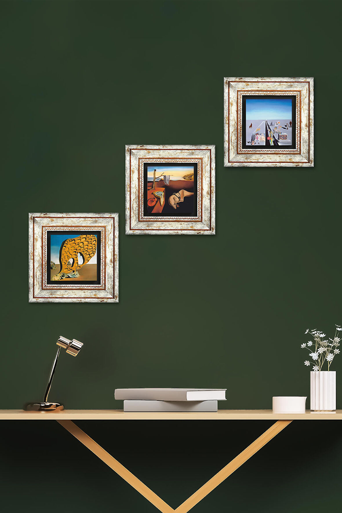 Dalí Belleğin Azmi, Arzunun Gizemi, Baharın İlk Günleri Taş Duvar Tablosu Çerçeveli Duvar Dekoru 3 Parça Tablo Seti Wall Art