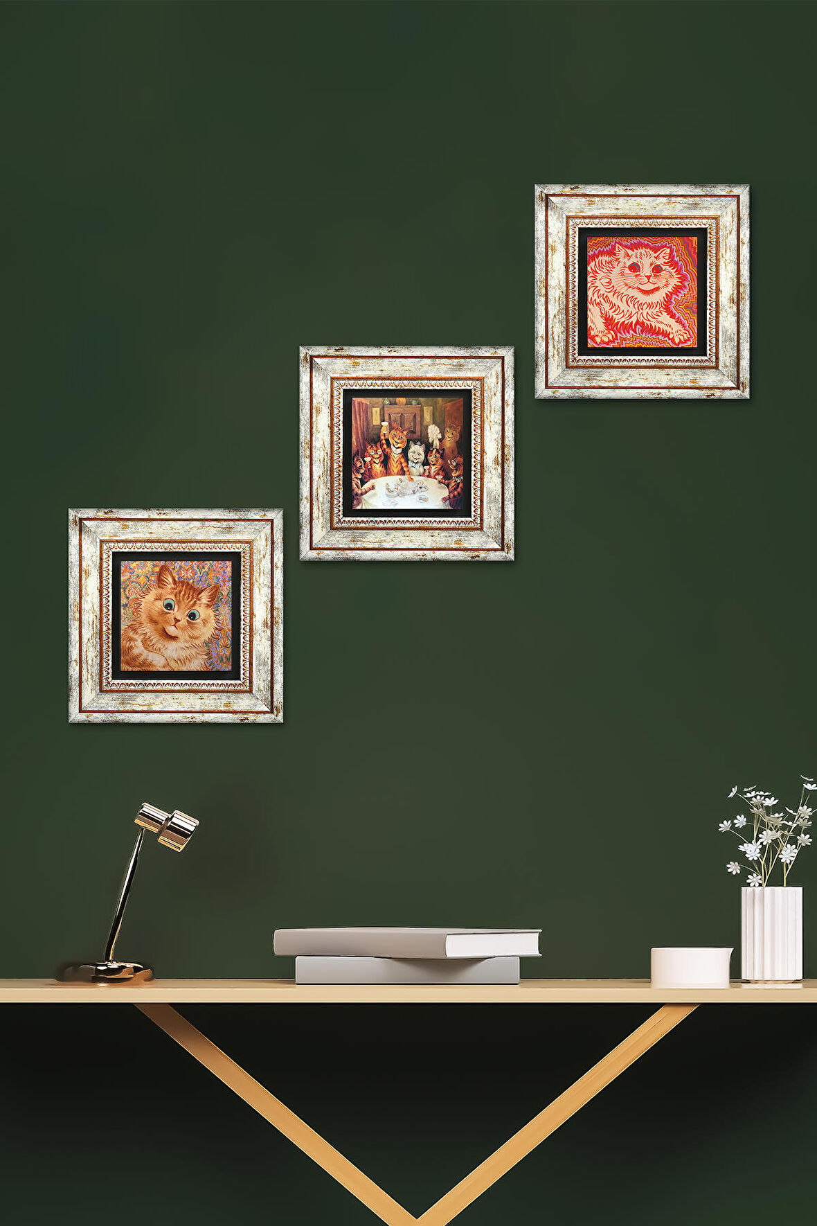 Louis Wain Kediler Taş Duvar Tablosu Çerçeveli Duvar Dekoru 3 Parça Tablo Seti Wall Art