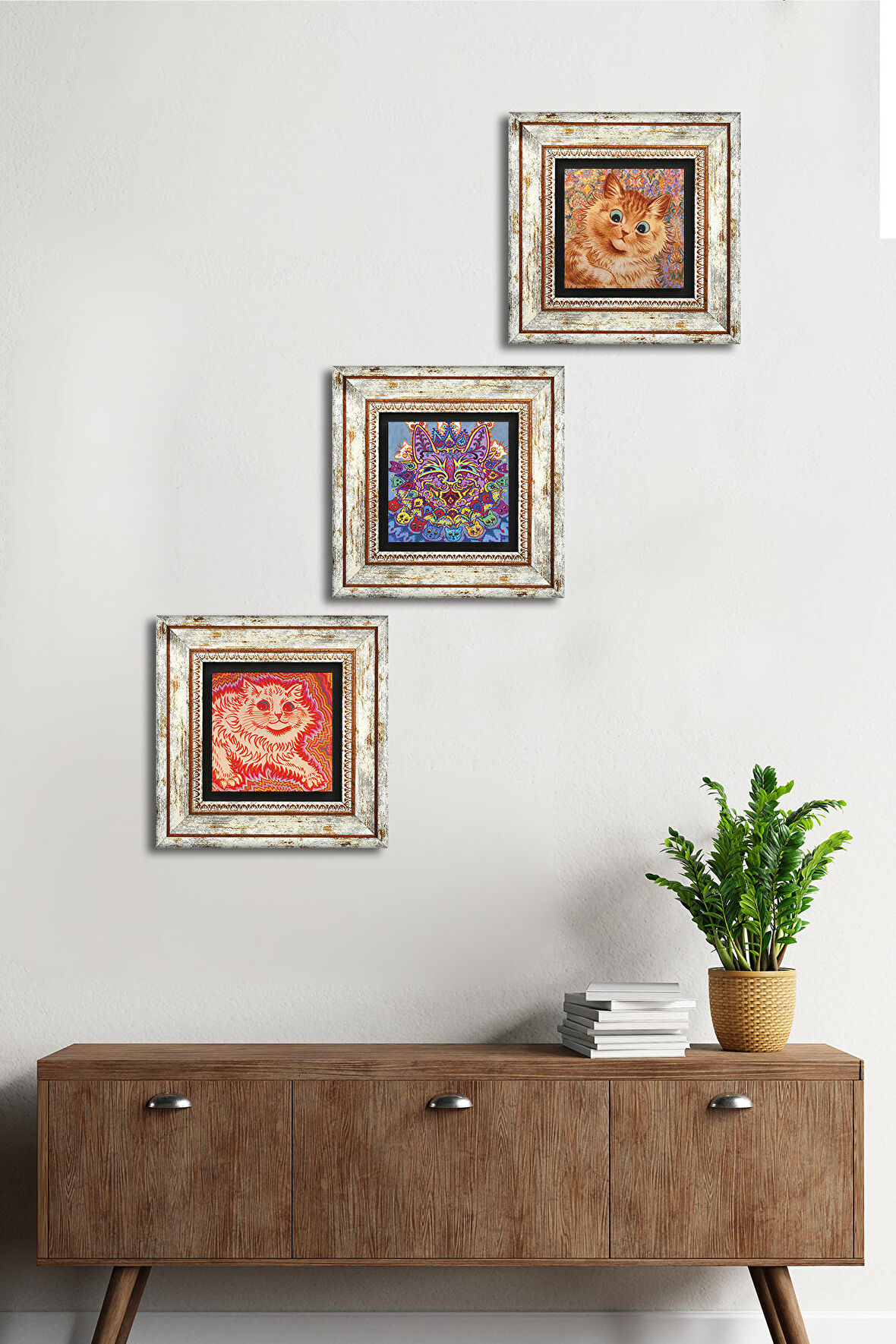 Louis Wain Kediler Taş Duvar Tablosu Çerçeveli Duvar Dekoru 3 Parça Tablo Seti Wall Art