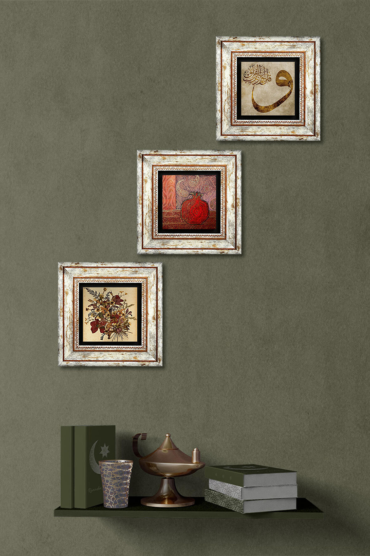 Vintage Çiçek, Vav, Nar Taş Duvar Tablosu Çerçeveli Duvar Dekoru 3 Parça Tablo Seti Wall Art