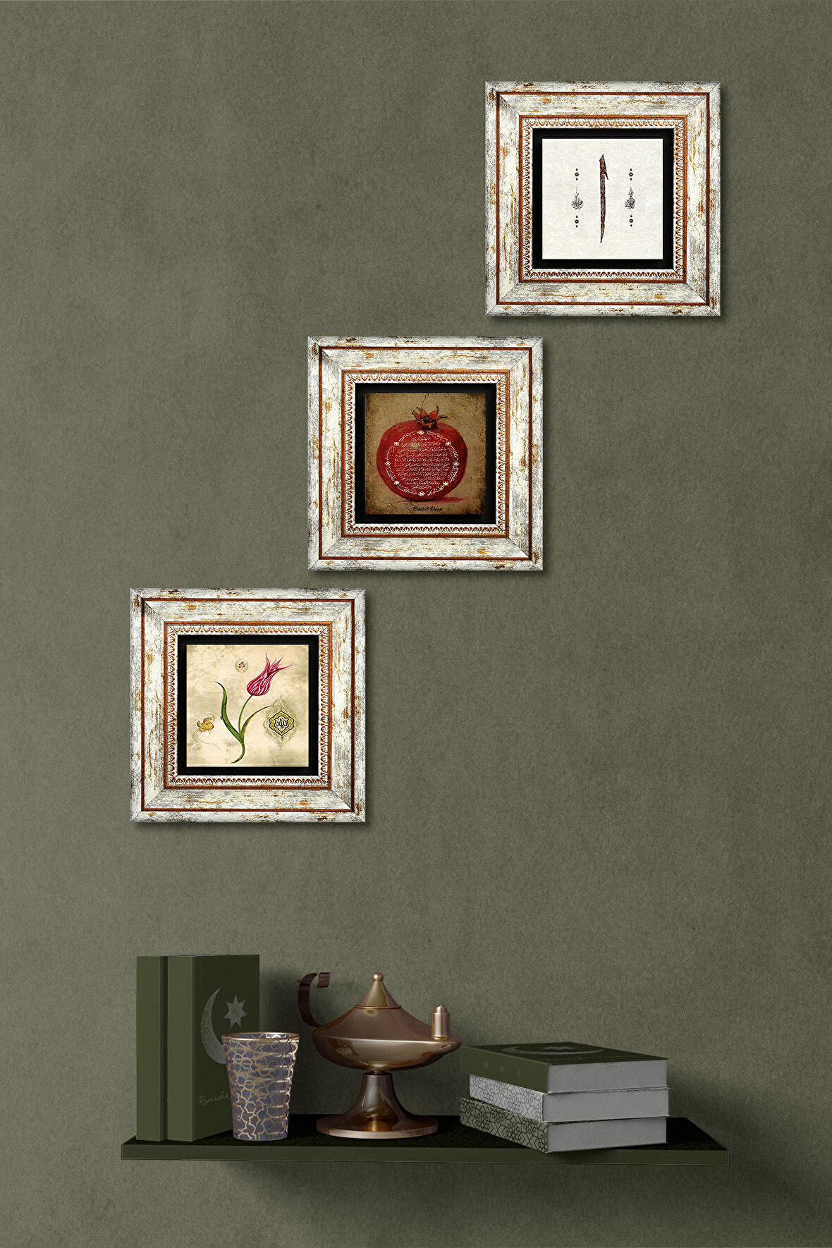 Lale Ebru Sanatı, Elif, Bereket Duası Taş Duvar Tablosu Çerçeveli Duvar Dekoru 3 Parça Tablo Seti Wall Art