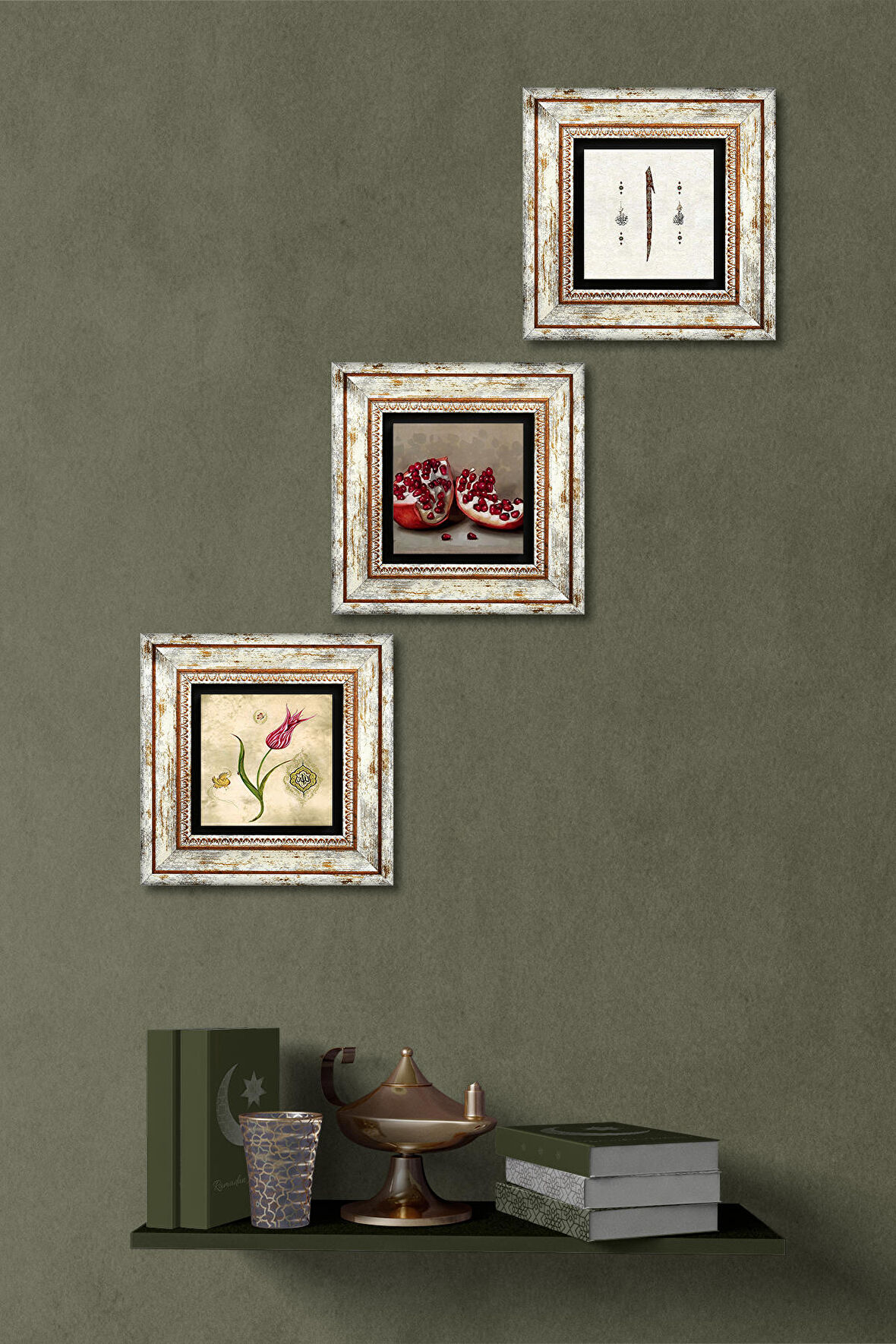 Lale Ebru Sanatı, Elif, Nar Taş Duvar Tablosu Çerçeveli Duvar Dekoru 3 Parça Tablo Seti Wall Art