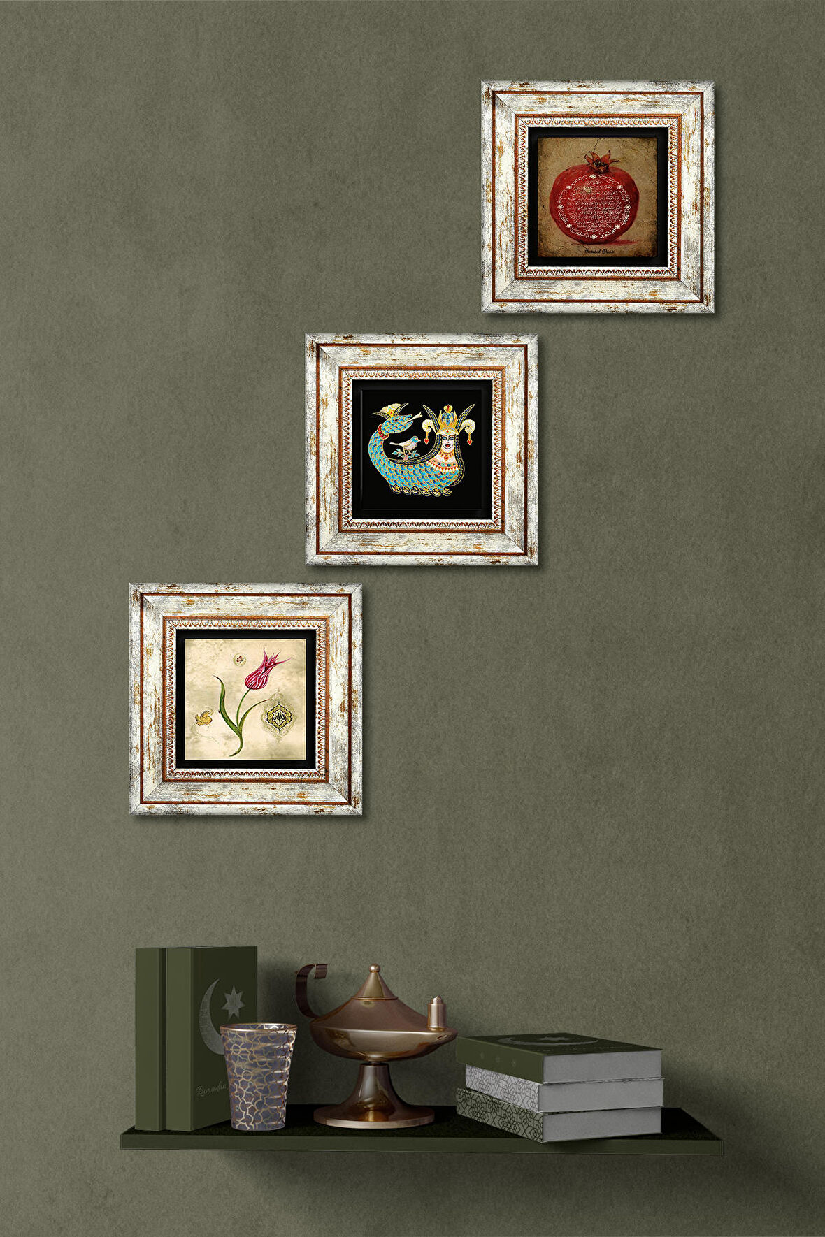 Lale Ebru Sanatı, Bereket Duası, Şahmeran Taş Duvar Tablosu Çerçeveli Duvar Dekoru 3 Parça Tablo Seti Wall Art
