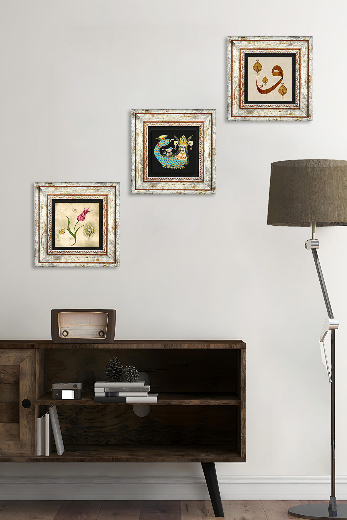 Lale Ebru Sanatı, Vav, Şahmeran Taş Duvar Tablosu Çerçeveli Duvar Dekoru 3 Parça Tablo Seti Wall Art