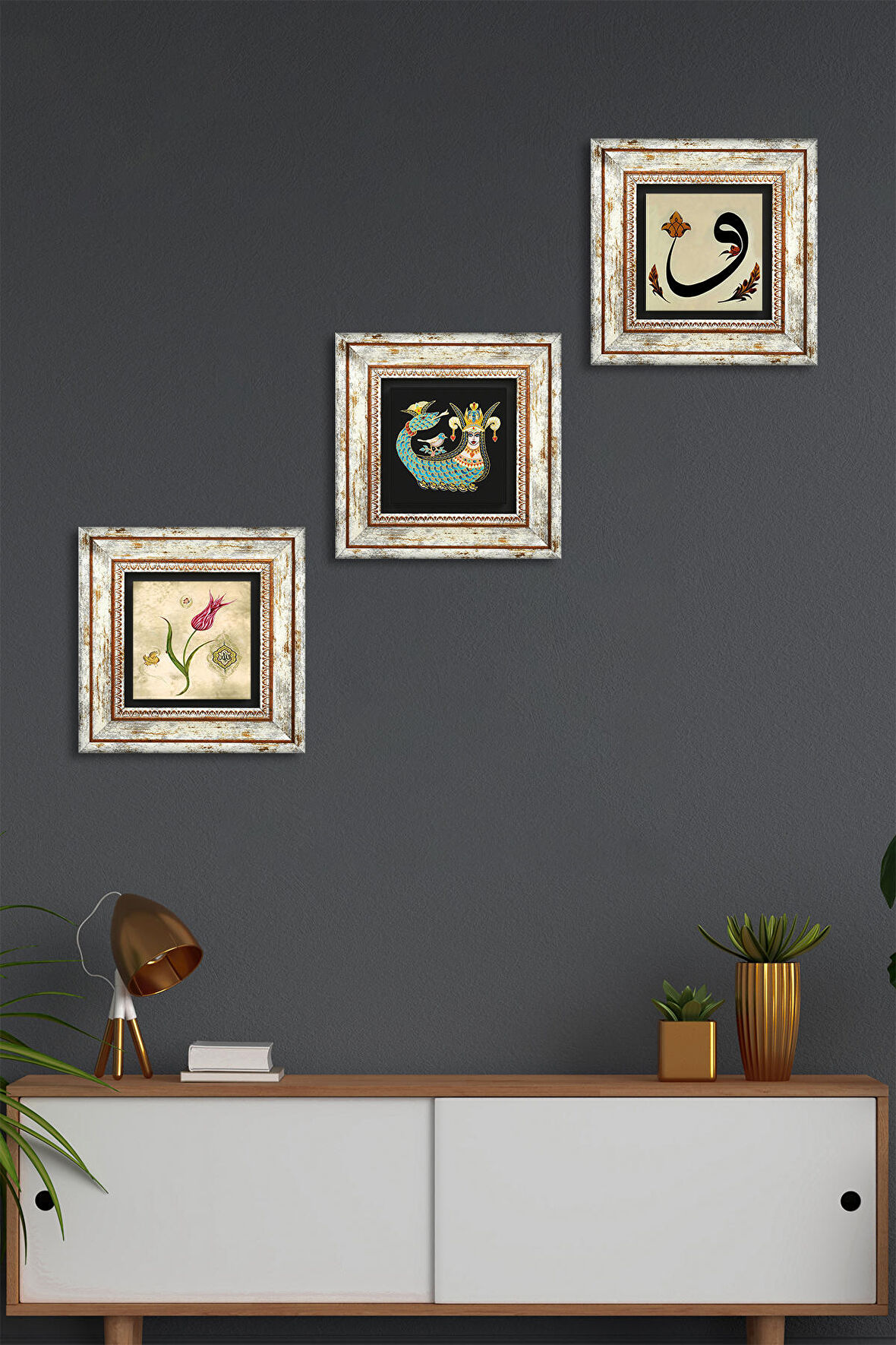 Lale Ebru Sanatı, Vav, Şahmeran Taş Duvar Tablosu Çerçeveli Duvar Dekoru 3 Parça Tablo Seti Wall Art