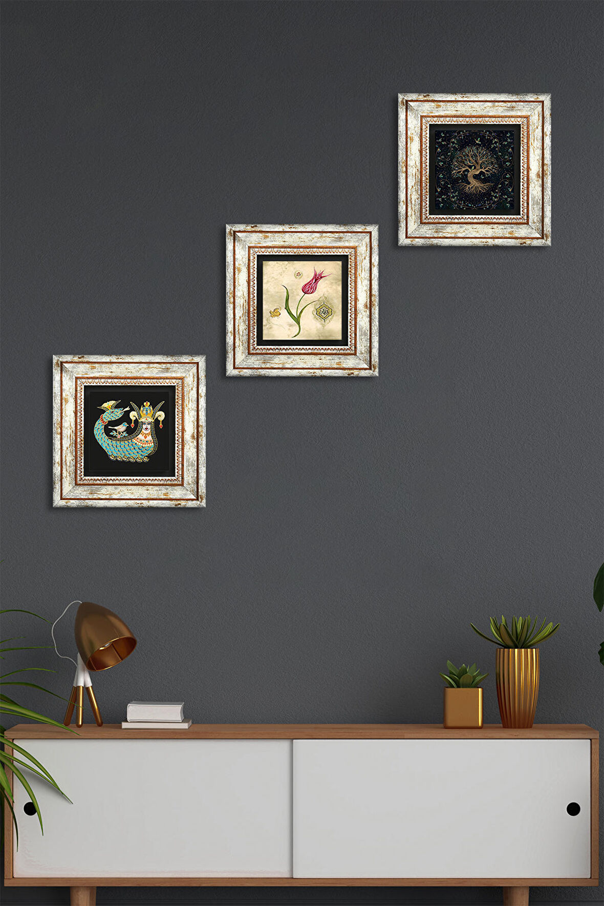 Hayat Ağacı, Lale Ebru Sanatı, Şahmeran Taş Duvar Tablosu Çerçeveli Duvar Dekoru 3 Parça Tablo Seti Wall Art