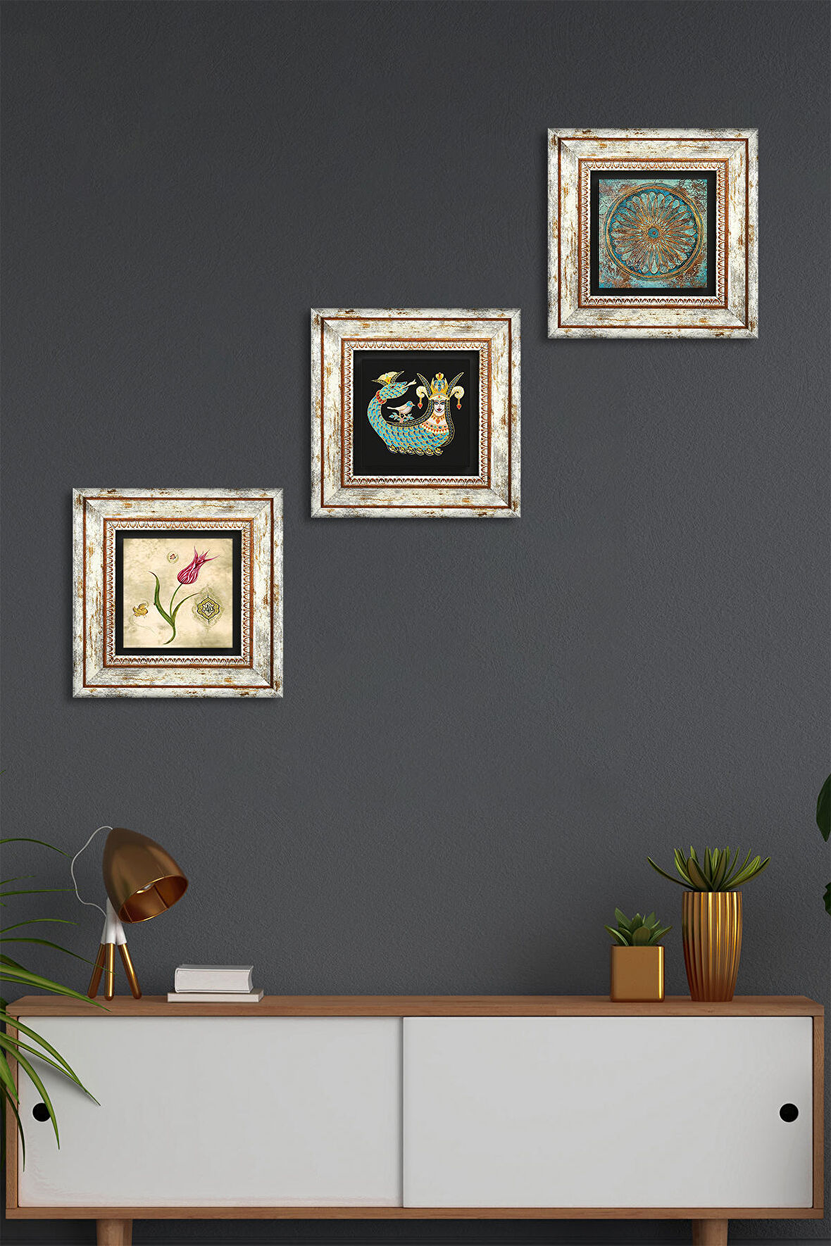 Yaşam Çiçeği, Lale Ebru Sanatı, Şahmeran Taş Duvar Tablosu Çerçeveli Duvar Dekoru 3 Parça Tablo Seti Wall Art