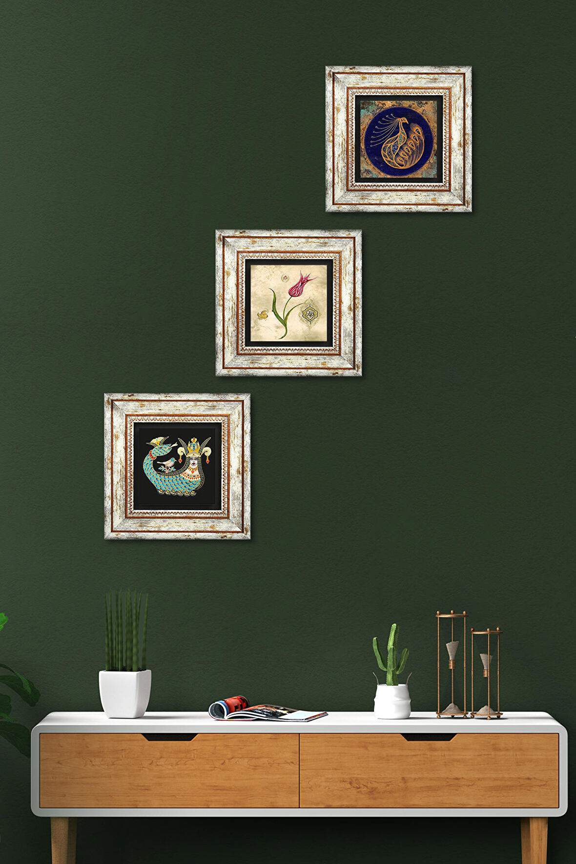 Tavus Kuşu, Lale Ebru Sanatı, Şahmeran Taş Duvar Tablosu Çerçeveli Duvar Dekoru 3 Parça Tablo Seti Wall Art