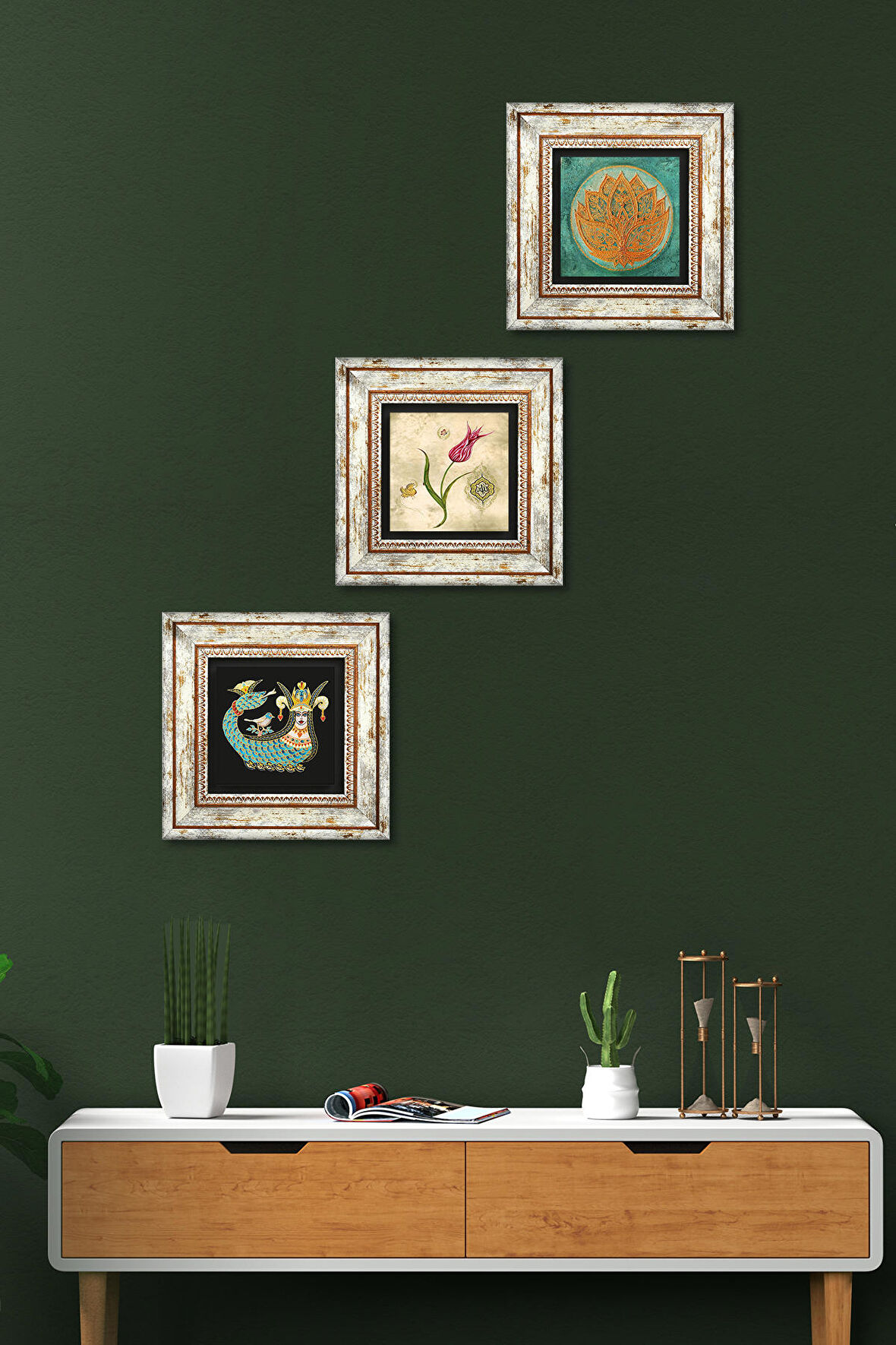 Lotus Çiçeği, Lale Ebru Sanatı, Şahmeran Taş Duvar Tablosu Çerçeveli Duvar Dekoru 3 Parça Tablo Seti Wall Art