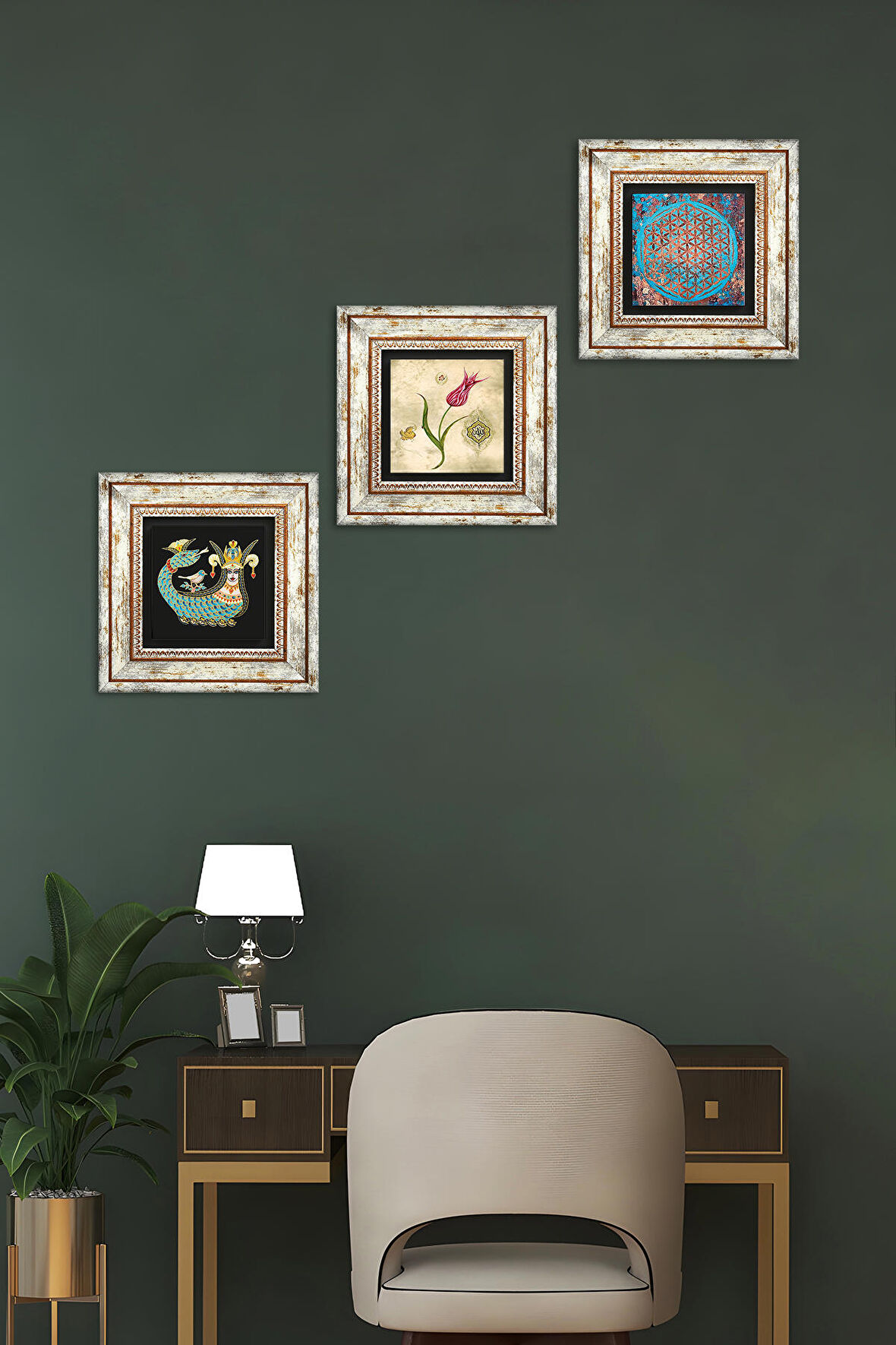 Yaşam Çiçeği, Lale Ebru Sanatı, Şahmeran Taş Duvar Tablosu Çerçeveli Duvar Dekoru 3 Parça Tablo Seti Wall Art