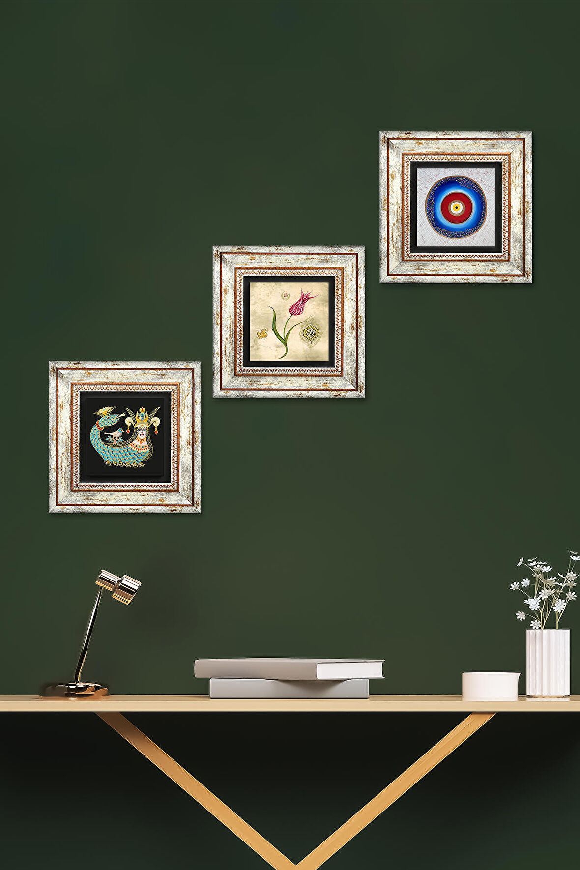 Nazar, Lale Ebru Sanatı, Şahmeran Taş Duvar Tablosu Çerçeveli Duvar Dekoru 3 Parça Tablo Seti Wall Art
