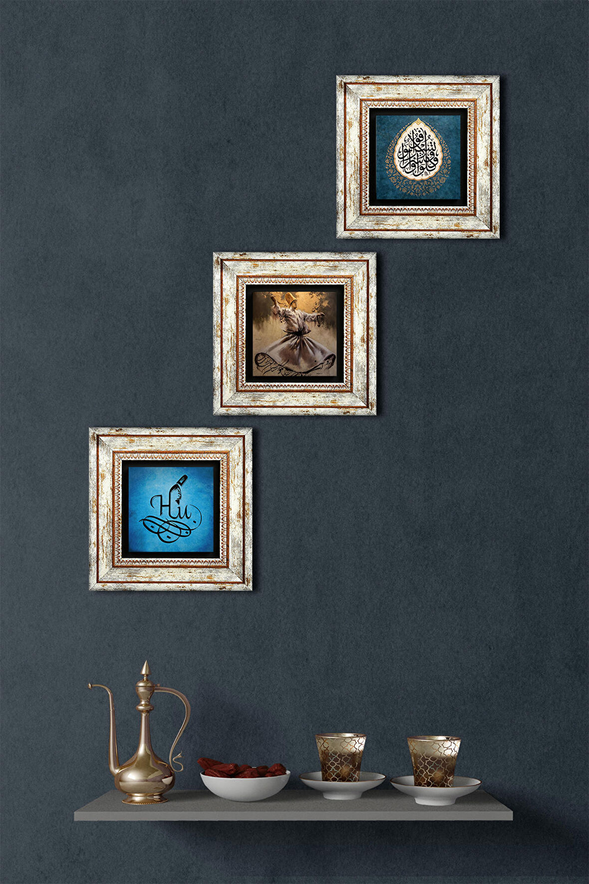 Semazen, Hu, Araf Suresi 31.Ayet Taş Duvar Tablosu Çerçeveli Duvar Dekoru 3 Parça Tablo Seti Wall Art