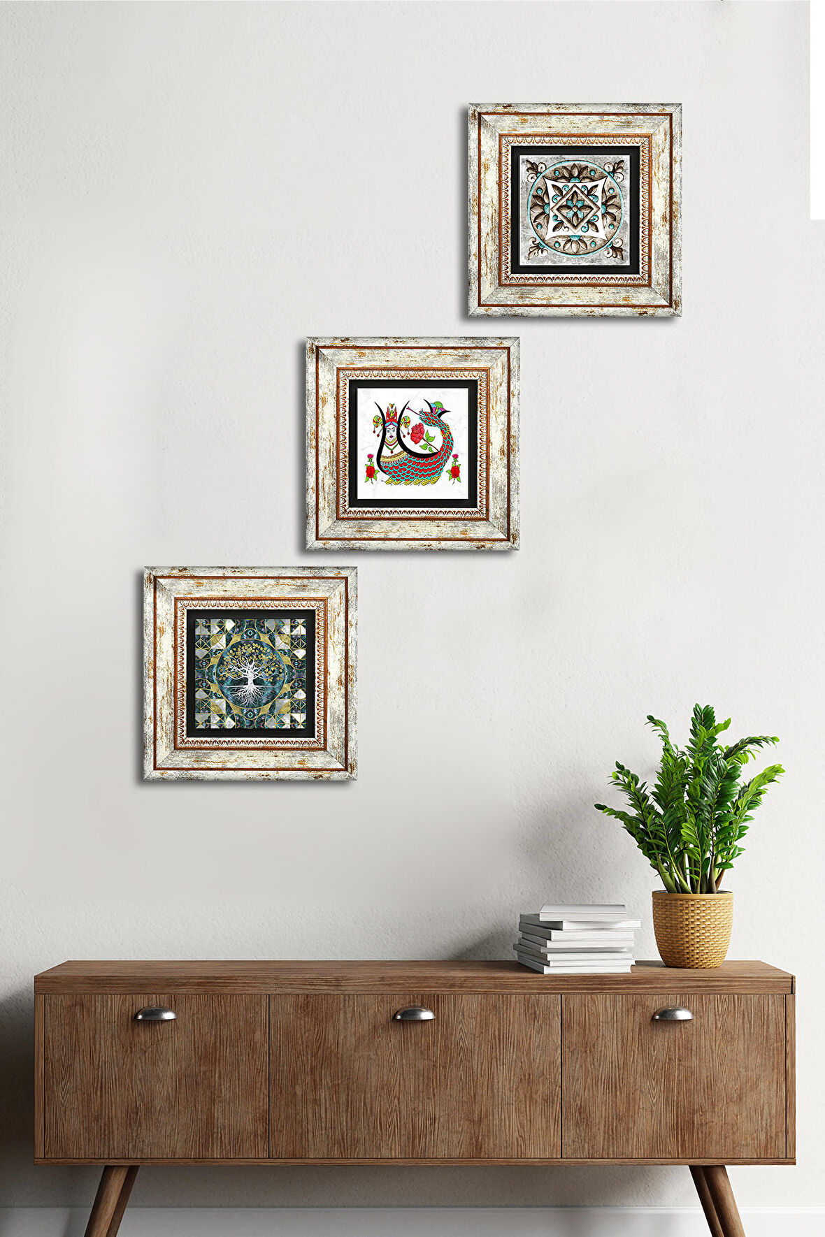 Hayat Ağacı, Şahmeran, Çini Sanatı Taş Duvar Tablosu Çerçeveli Duvar Dekoru 3 Parça Tablo Seti Wall Art