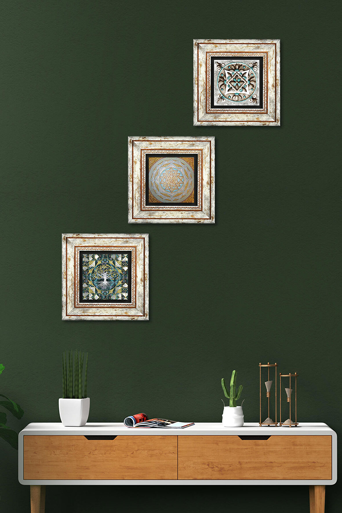 Hayat Ağacı, Sri Yantra, Çini Sanatı Taş Duvar Tablosu Çerçeveli Duvar Dekoru 3 Parça Tablo Seti Wall Art
