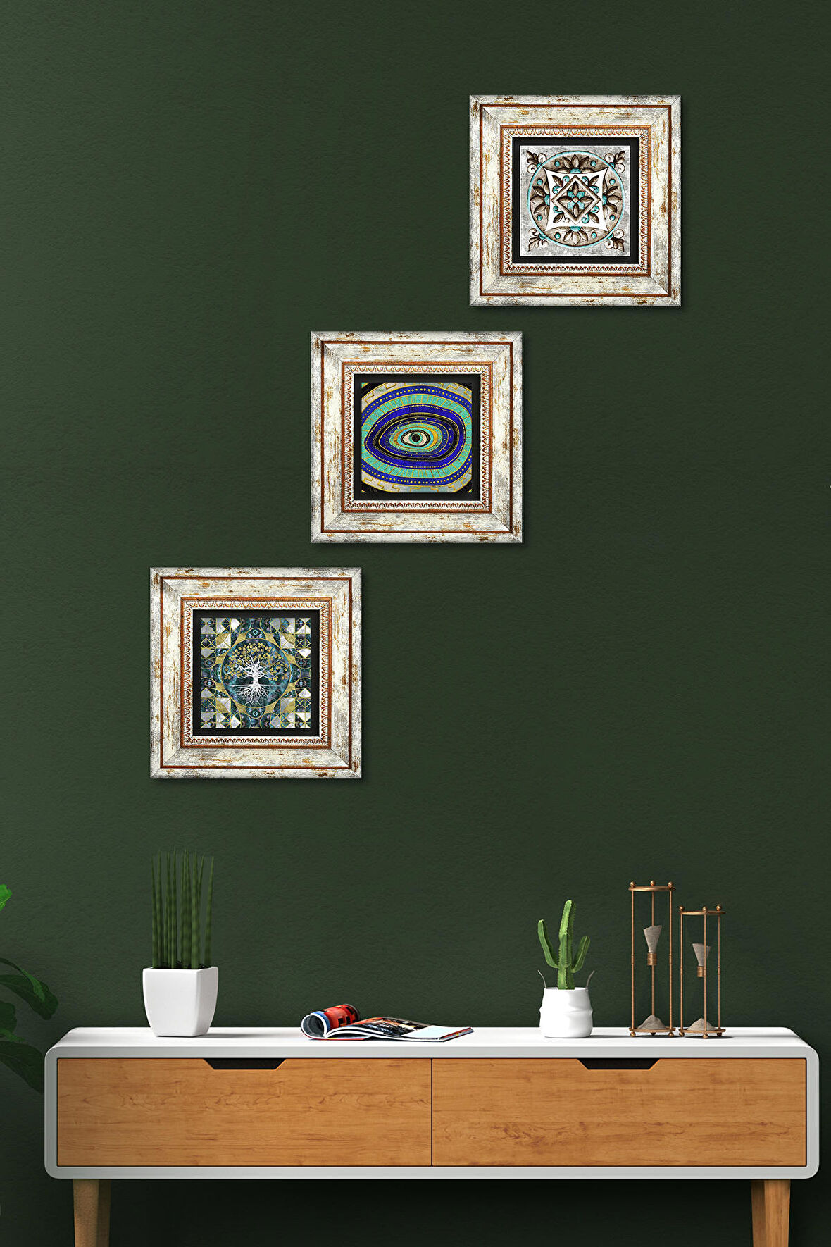 Hayat Ağacı, Nazar, Çini Sanatı Taş Duvar Tablosu Çerçeveli Duvar Dekoru 3 Parça Tablo Seti Wall Art