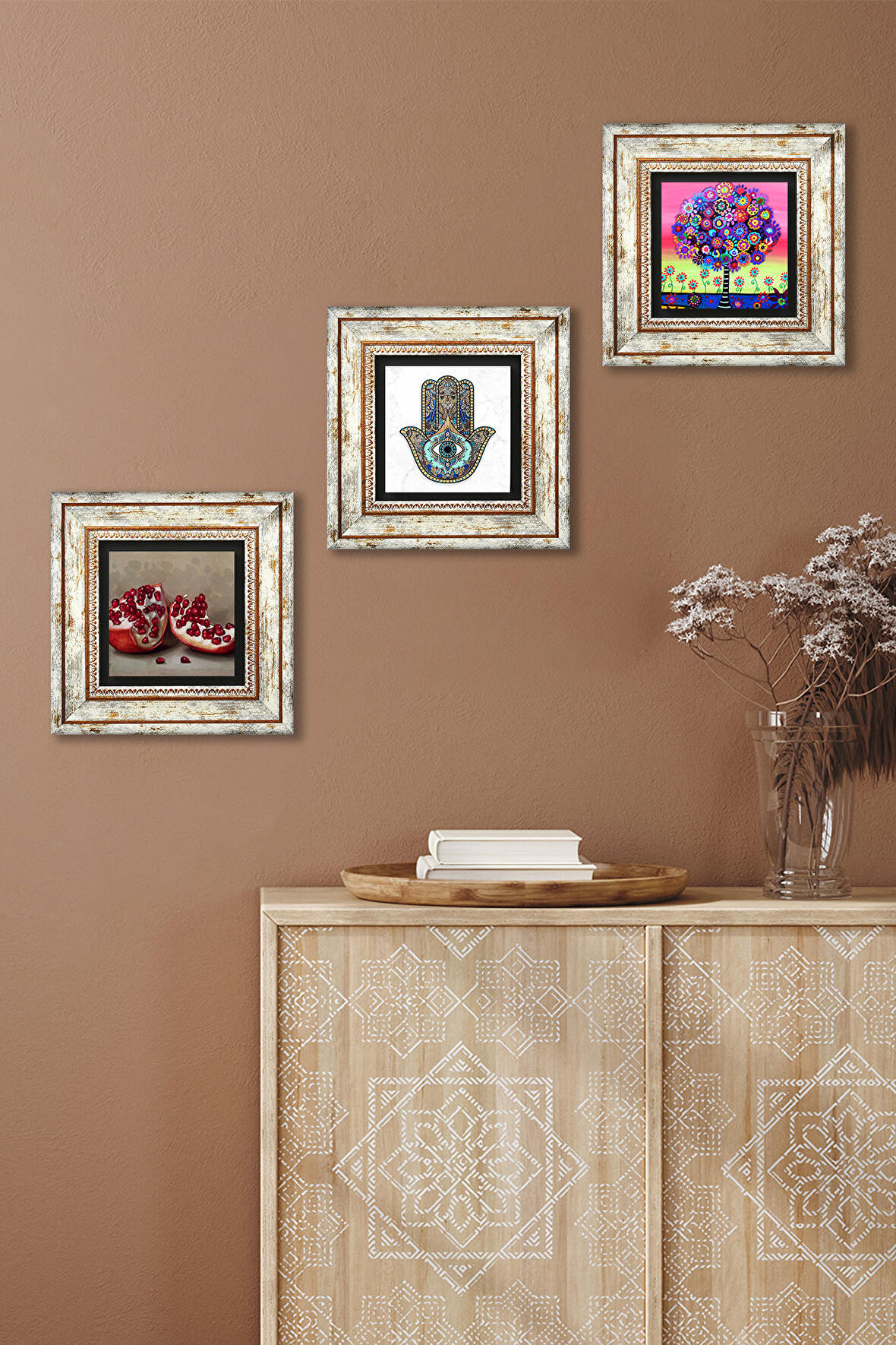 Karla Gerard Hayat Ağacı, Nar, Fatma Ana Eli (Hamsa) Taş Duvar Tablosu Çerçeveli Duvar Dekoru 3 Parça Tablo Seti Wall Art