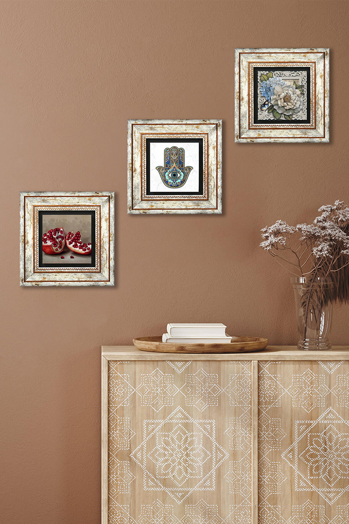 Kelebekli Çiçek, Nar, Fatma Ana Eli (Hamsa) Taş Duvar Tablosu Çerçeveli Duvar Dekoru 3 Parça Tablo Seti Wall Art