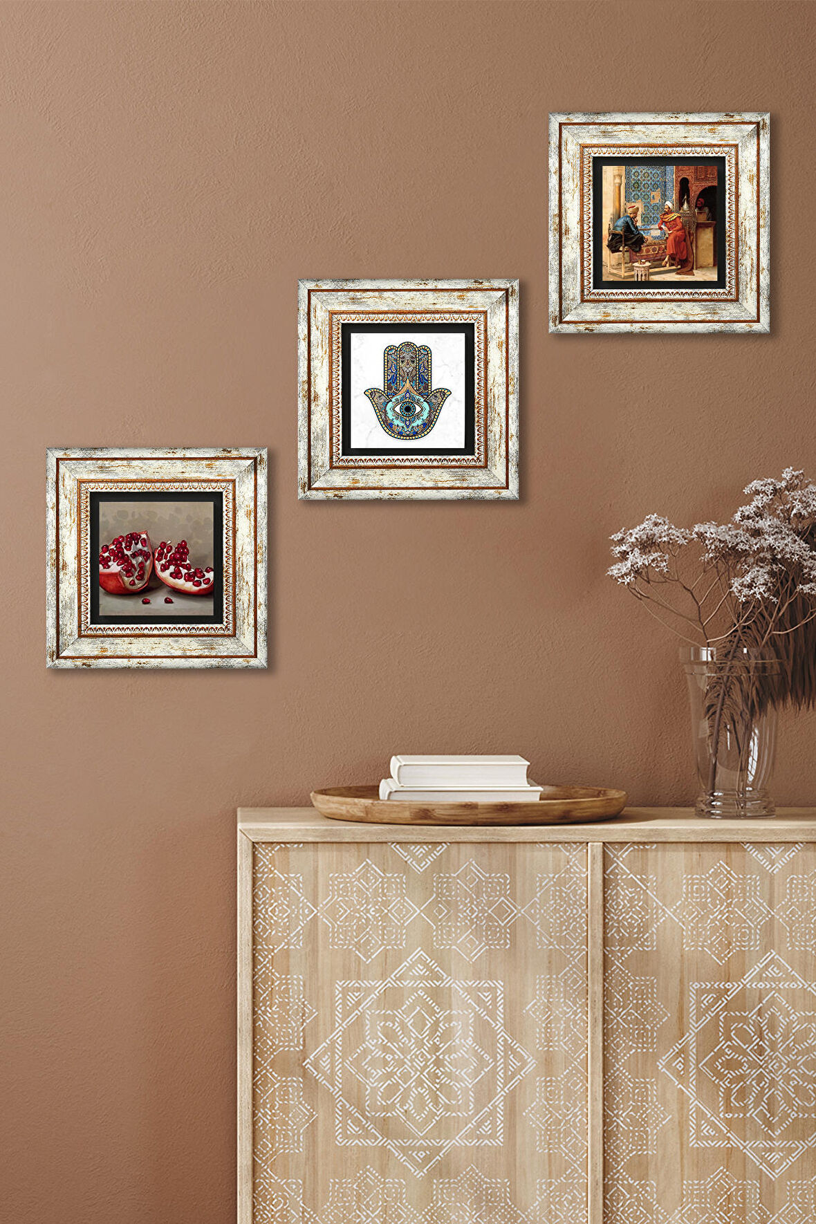 Satranç Oyunu, Nar, Fatma Ana Eli (Hamsa) Taş Duvar Tablosu Çerçeveli Duvar Dekoru 3 Parça Tablo Seti Wall Art