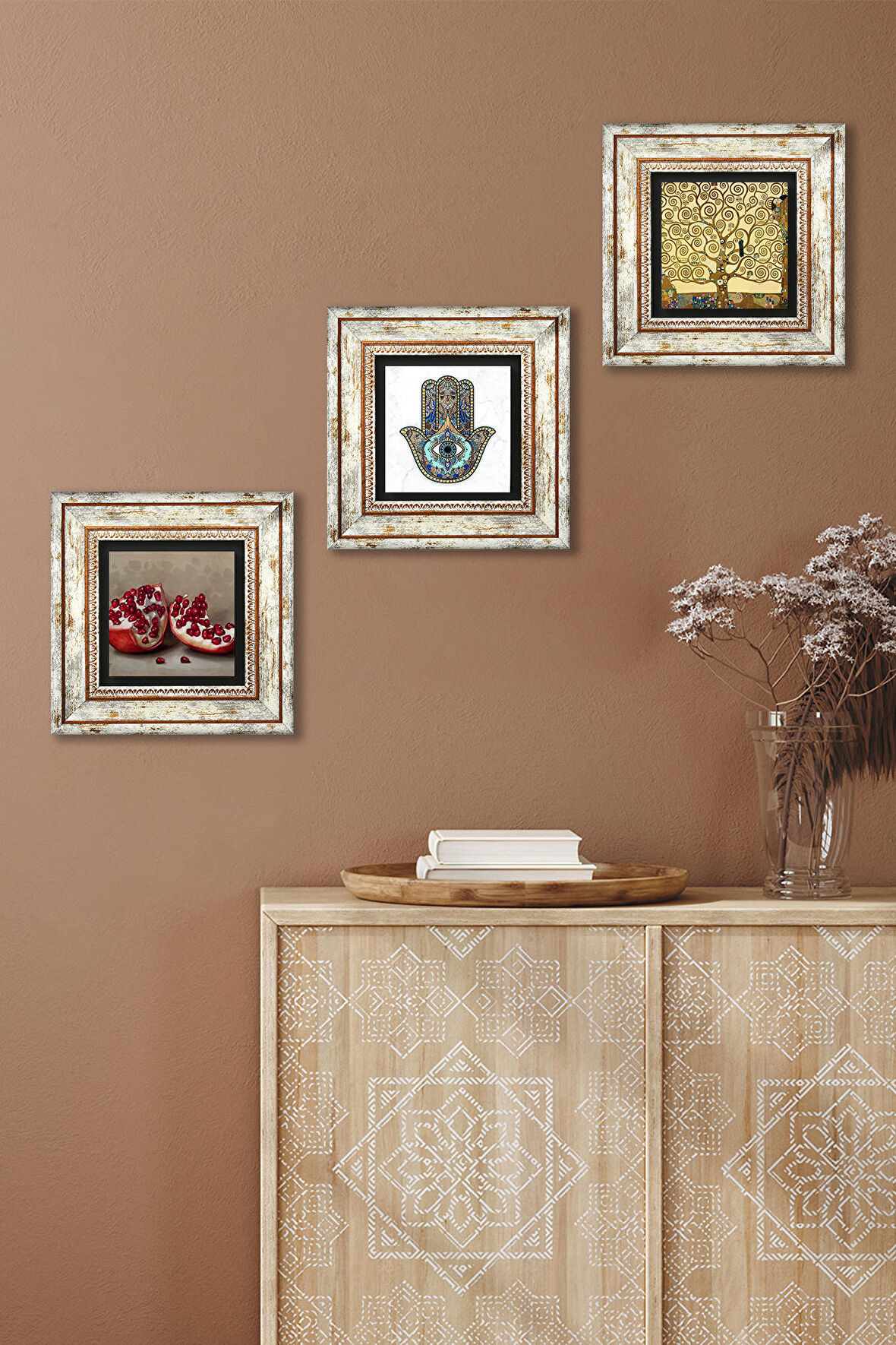 Gustav Klimt Hayat Ağacı, Nar, Fatma Ana Eli (Hamsa) Taş Duvar Tablosu Çerçeveli Duvar Dekoru 3 Parça Tablo Seti Wall Art