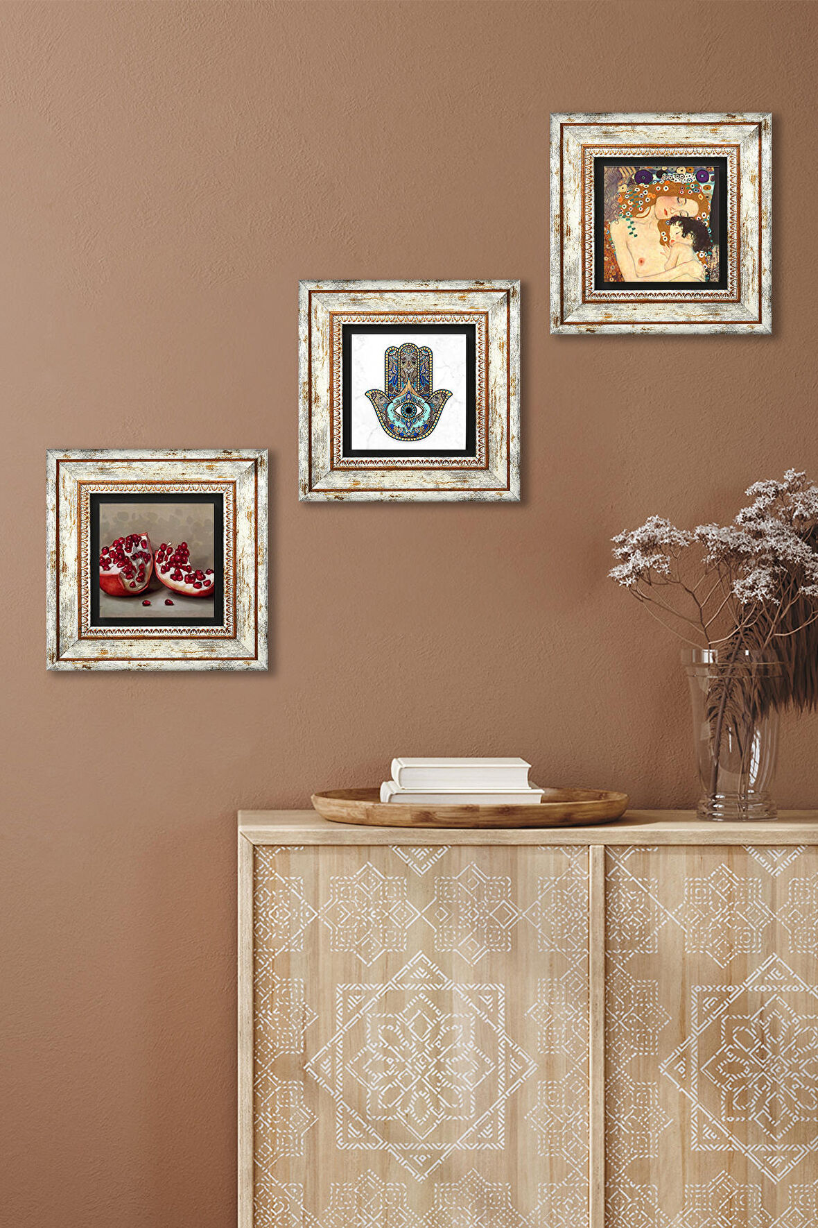 Gustav Klimt Anne Çocuk, Nar, Fatma Ana Eli (Hamsa) Taş Duvar Tablosu Çerçeveli Duvar Dekoru 3 Parça Tablo Seti Wall Art