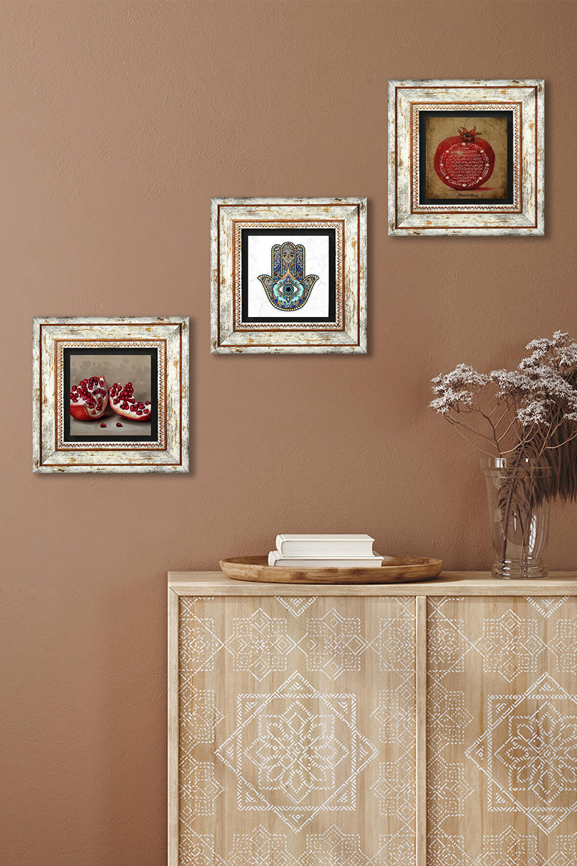 Bereket Duası, Nar, Fatma Ana Eli (Hamsa) Taş Duvar Tablosu Çerçeveli Duvar Dekoru 3 Parça Tablo Seti Wall Art