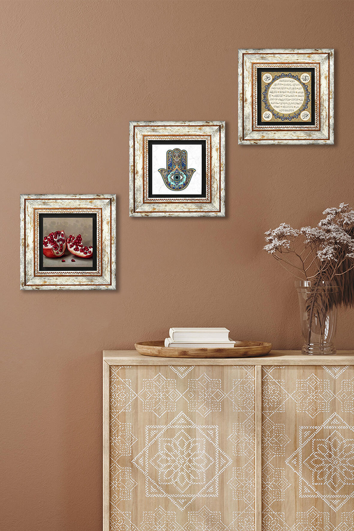 Hilye-i Şerif, Nar, Fatma Ana Eli (Hamsa) Taş Duvar Tablosu Çerçeveli Duvar Dekoru 3 Parça Tablo Seti Wall Art