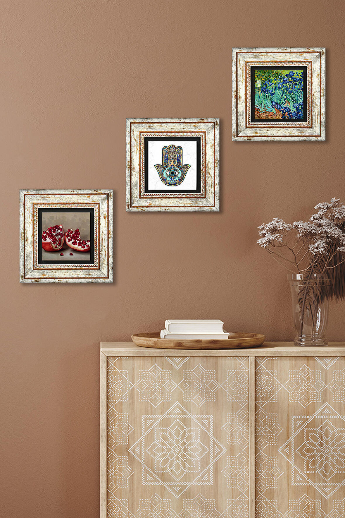 Van Gogh İrisler, Nar, Fatma Ana Eli (Hamsa) Taş Duvar Tablosu Çerçeveli Duvar Dekoru 3 Parça Tablo Seti Wall Art