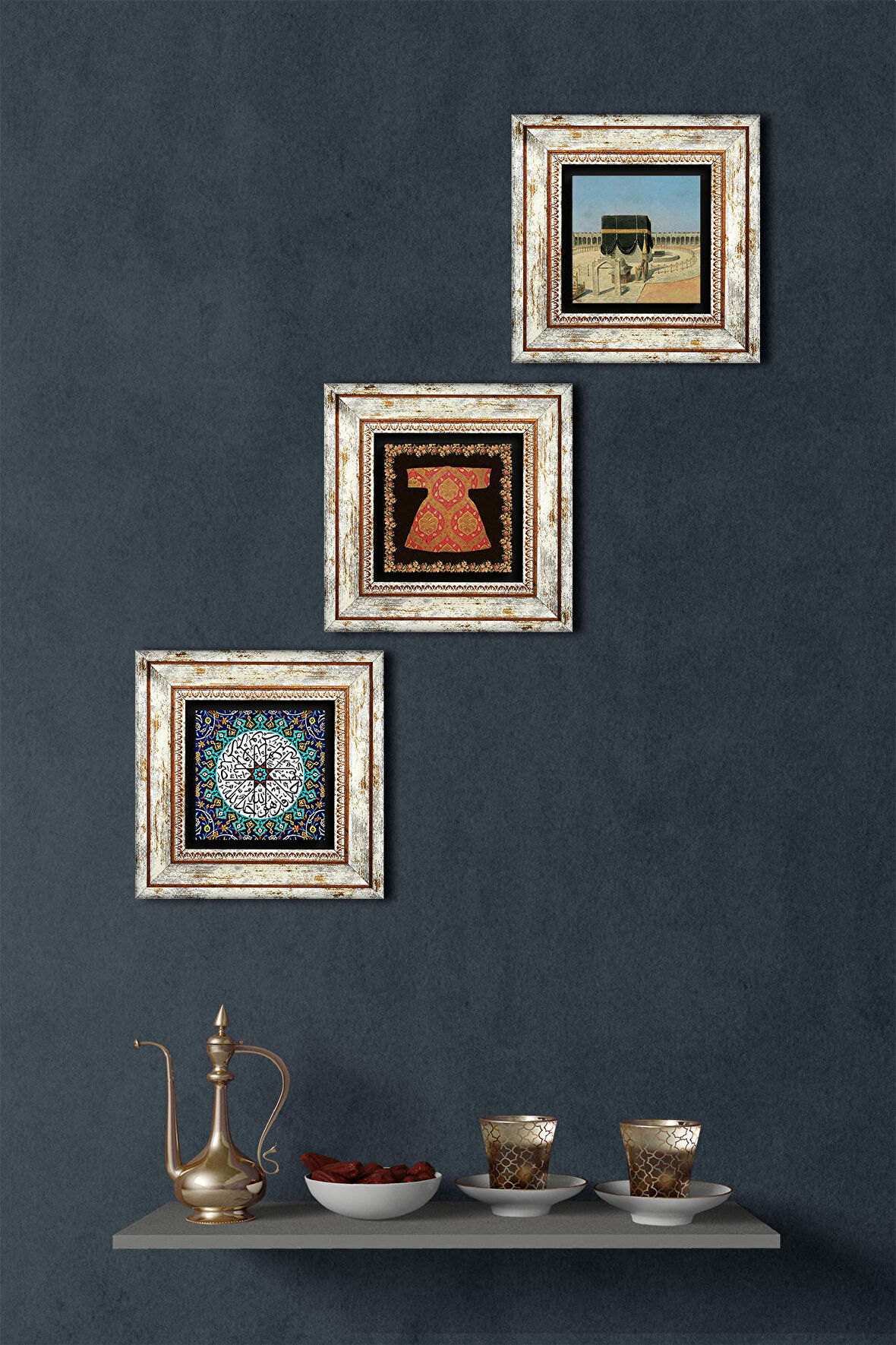 İhlas Suresi, Hırka-i Şerif, Kabe-i Muazzama Taş Duvar Tablosu Çerçeveli Duvar Dekoru 3 Parça Tablo Seti Wall Art