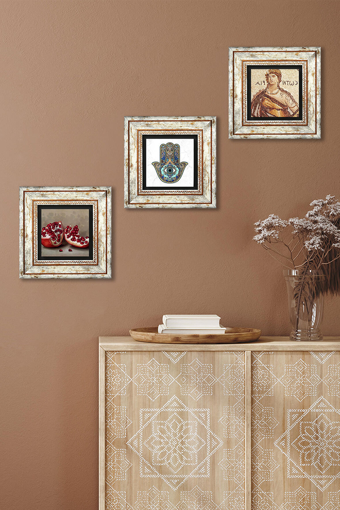 Soteria Mozaiği, Nar, Fatma Ana Eli (Hamsa) Taş Duvar Tablosu Çerçeveli Duvar Dekoru 3 Parça Tablo Seti Wall Art