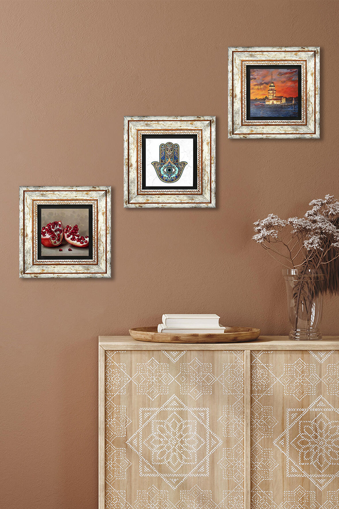İstanbul Kız Kulesi, Nar, Fatma Ana Eli (Hamsa) Taş Duvar Tablosu Çerçeveli Duvar Dekoru 3 Parça Tablo Seti Wall Art