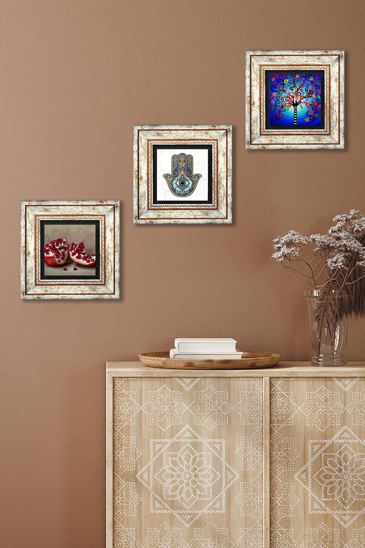 Hayat Ağacı, Nar, Fatma Ana Eli (Hamsa) Taş Duvar Tablosu Çerçeveli Duvar Dekoru 3 Parça Tablo Seti Wall Art