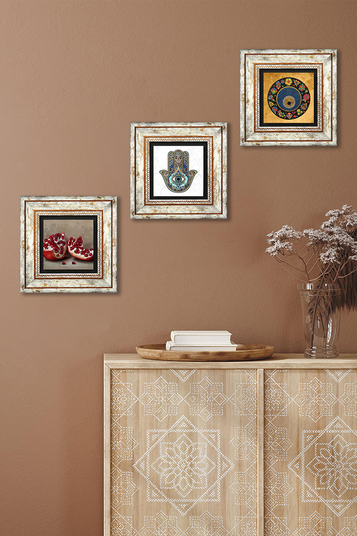 Nazar Boncuğu, Nar, Fatma Ana Eli (Hamsa) Taş Duvar Tablosu Çerçeveli Duvar Dekoru 3 Parça Tablo Seti Wall Art