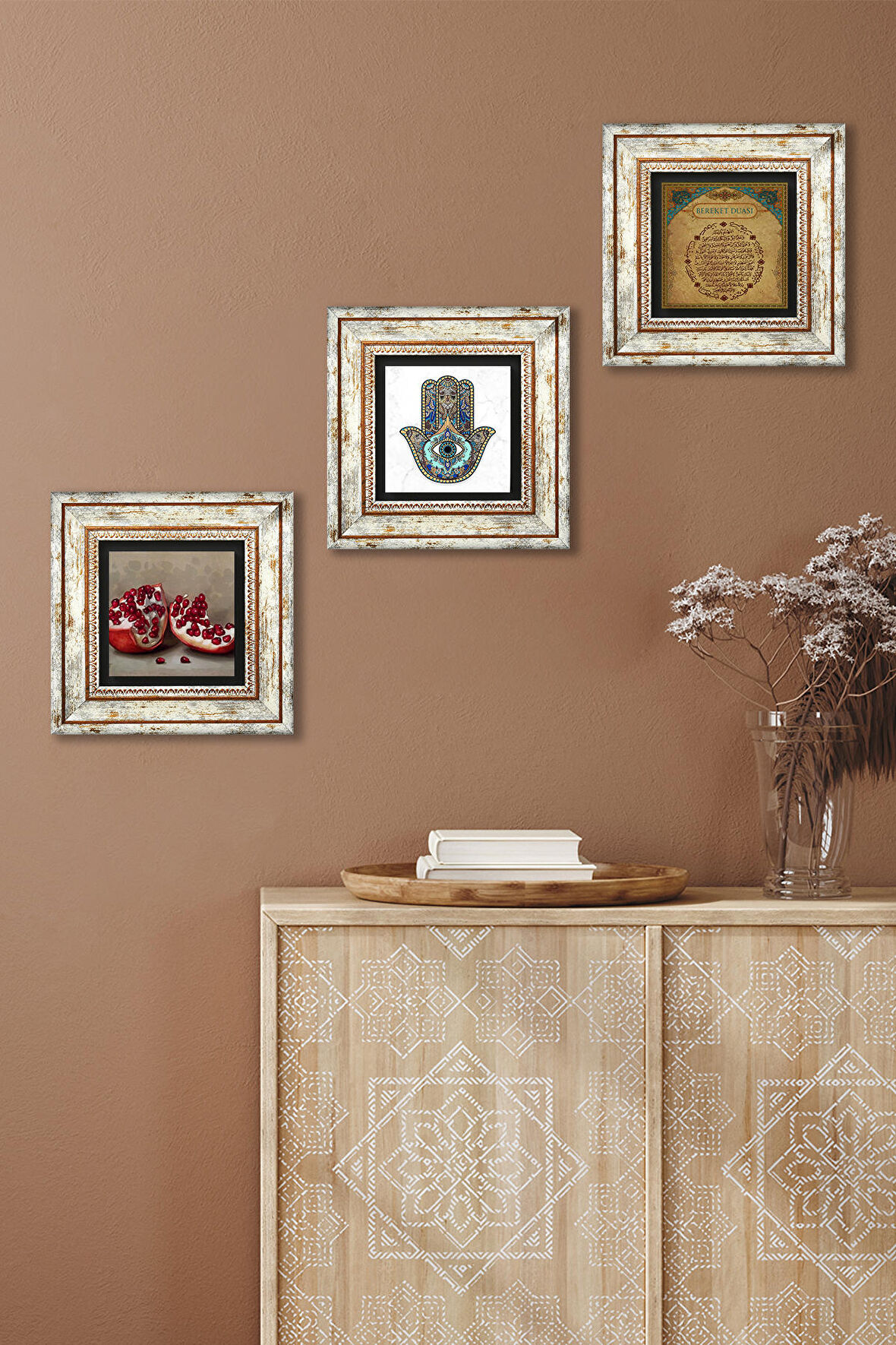 Bereket Duası, Nar, Fatma Ana Eli (Hamsa) Taş Duvar Tablosu Çerçeveli Duvar Dekoru 3 Parça Tablo Seti Wall Art