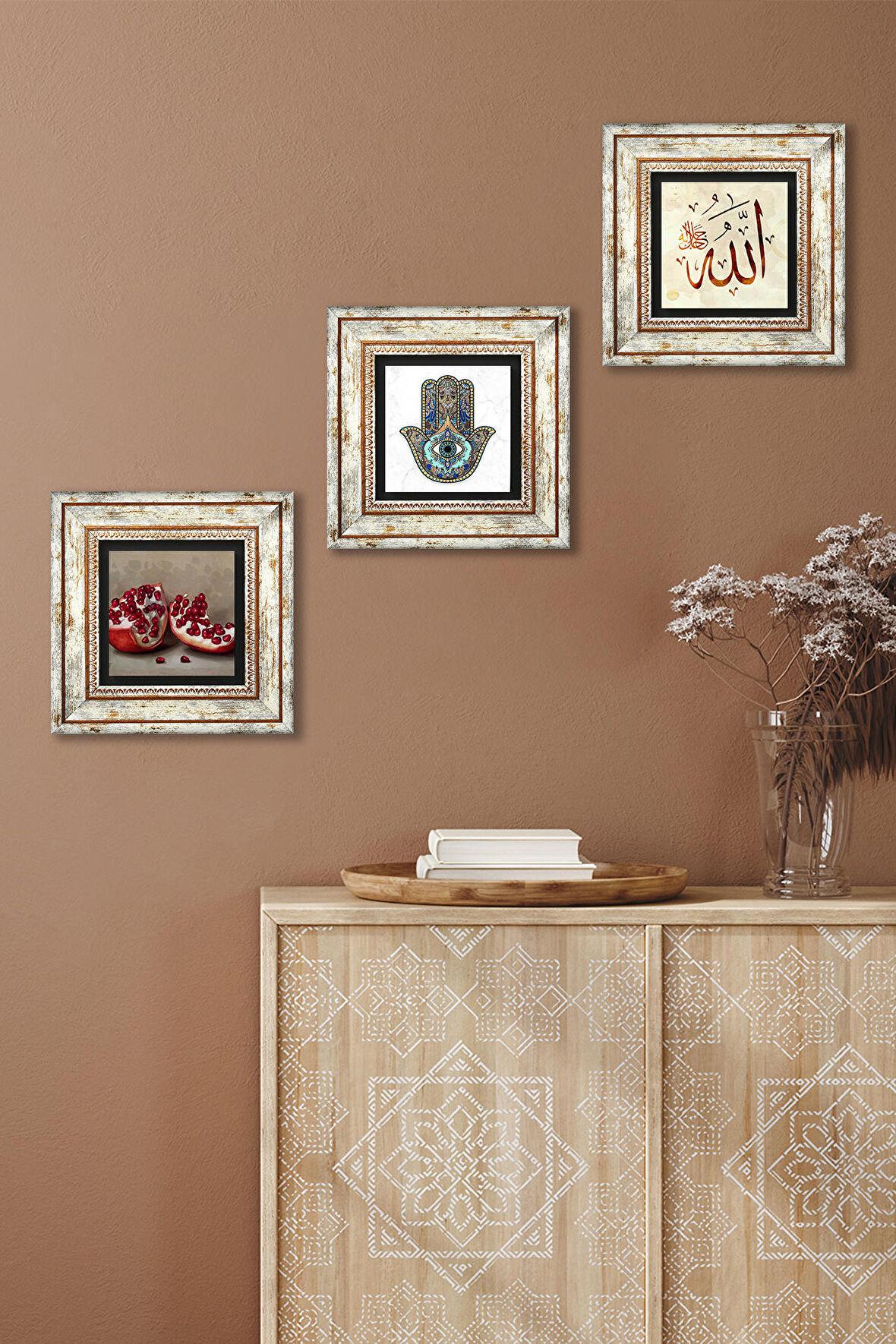 Allah Lafzı, Nar, Fatma Ana Eli (Hamsa) Taş Duvar Tablosu Çerçeveli Duvar Dekoru 3 Parça Tablo Seti Wall Art