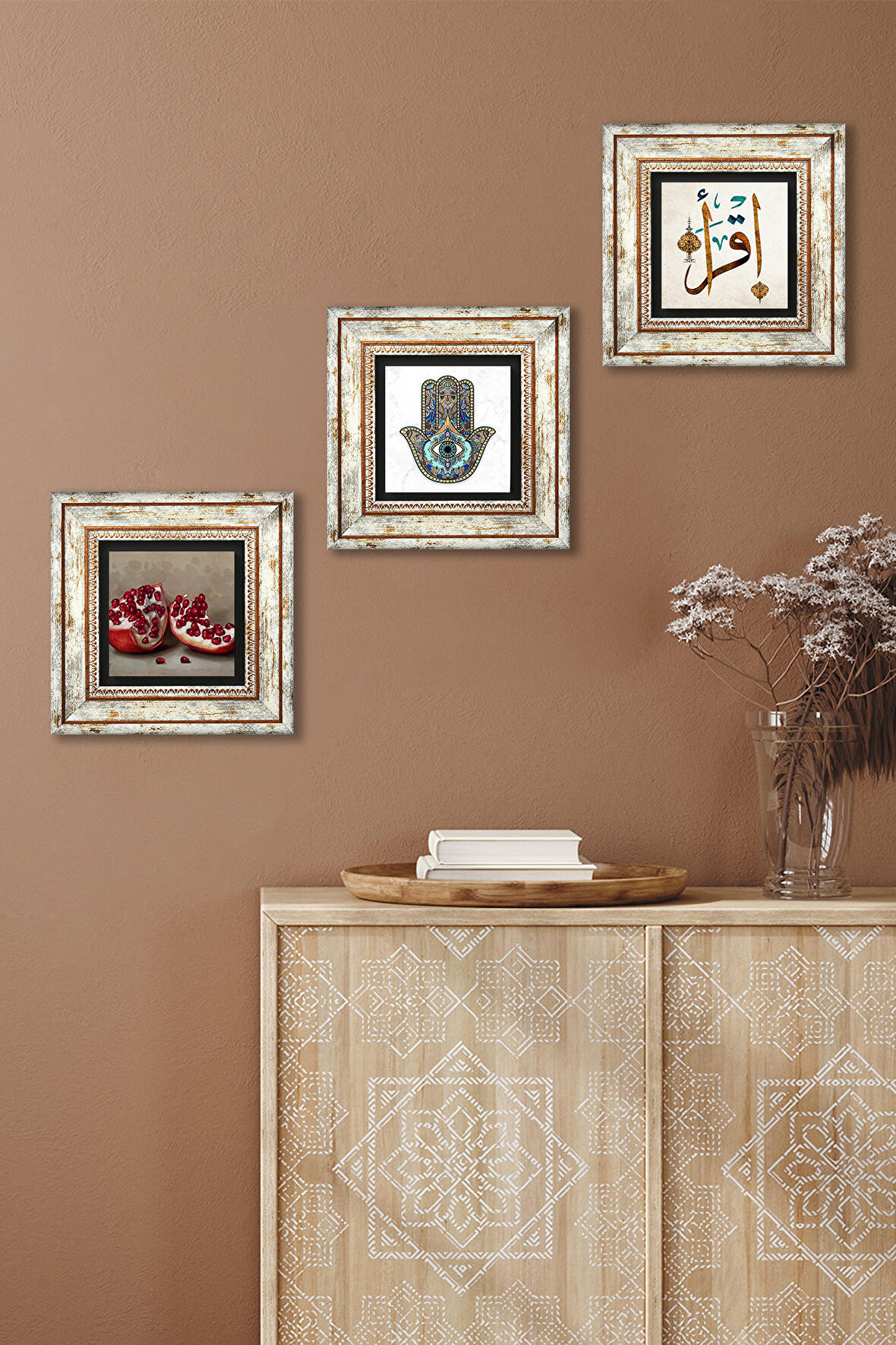 İlk Ayet 'Oku', Nar, Fatma Ana Eli (Hamsa) Taş Duvar Tablosu Çerçeveli Duvar Dekoru 3 Parça Tablo Seti Wall Art
