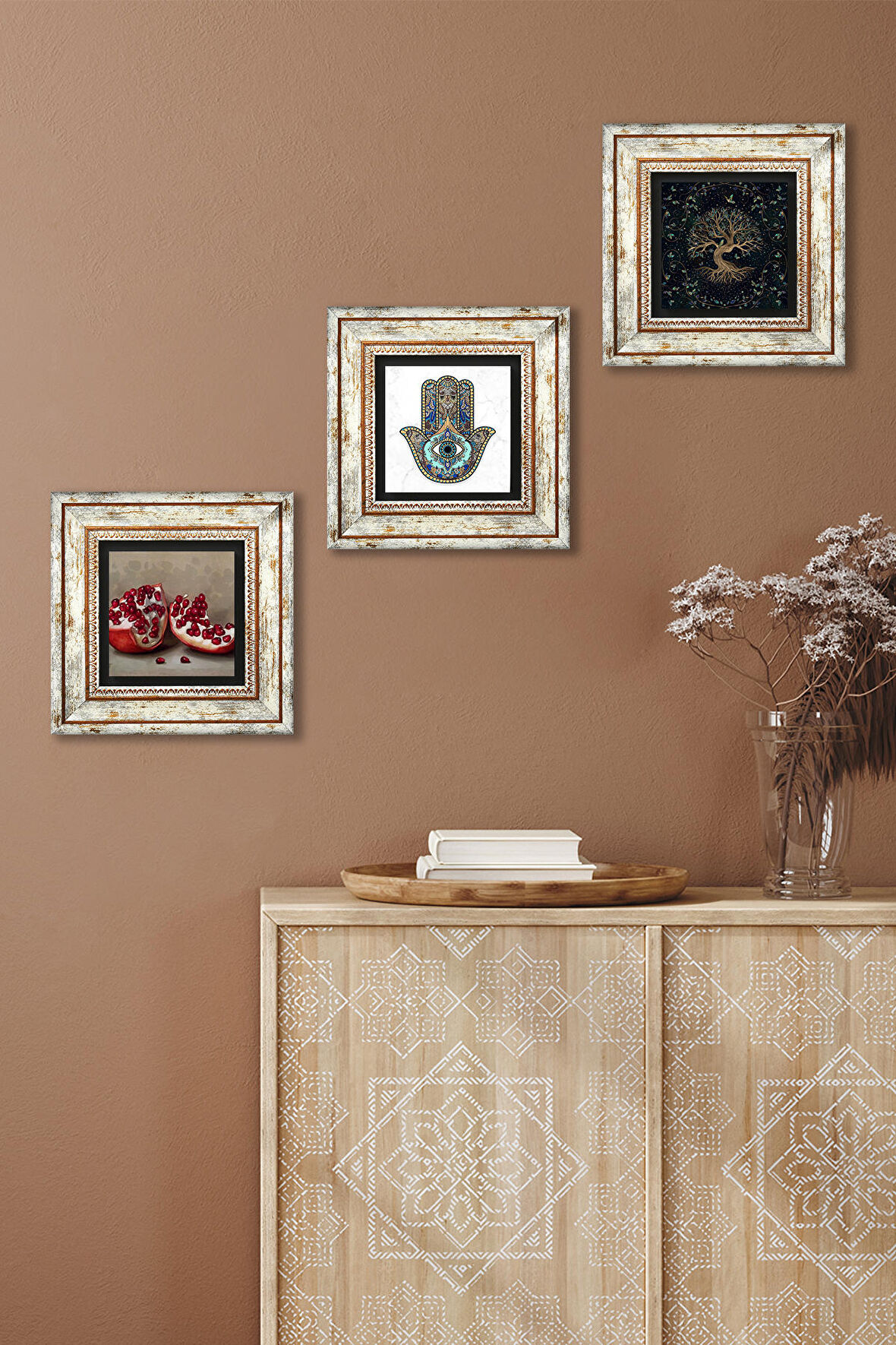 Hayat Ağacı, Nar, Fatma Ana Eli (Hamsa) Taş Duvar Tablosu Çerçeveli Duvar Dekoru 3 Parça Tablo Seti Wall Art
