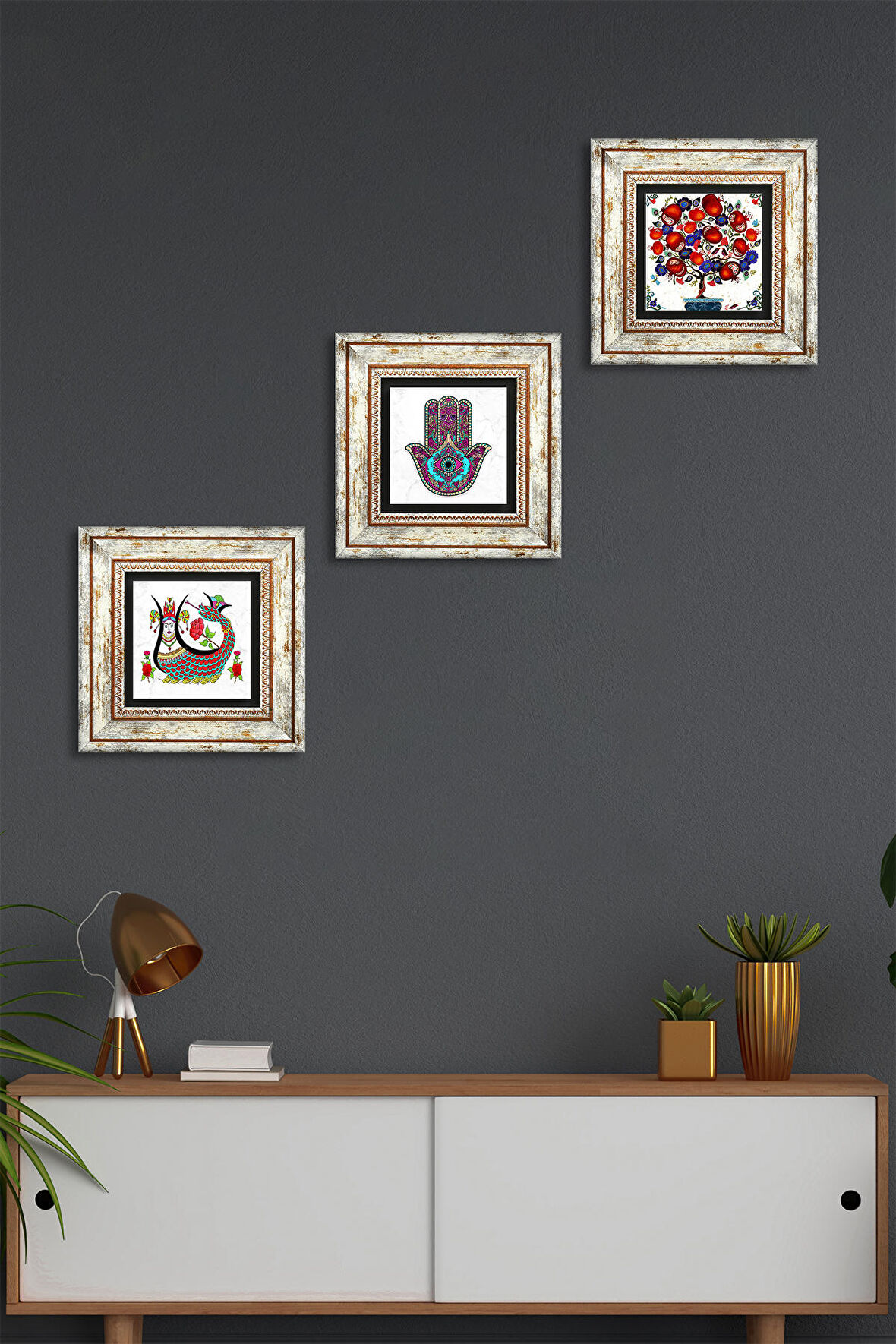 Fatma Ana Eli (Hamsa), Şahmeran, Nar Ağacı Taş Duvar Tablosu Çerçeveli Duvar Dekoru 3 Parça Tablo Seti Wall Art